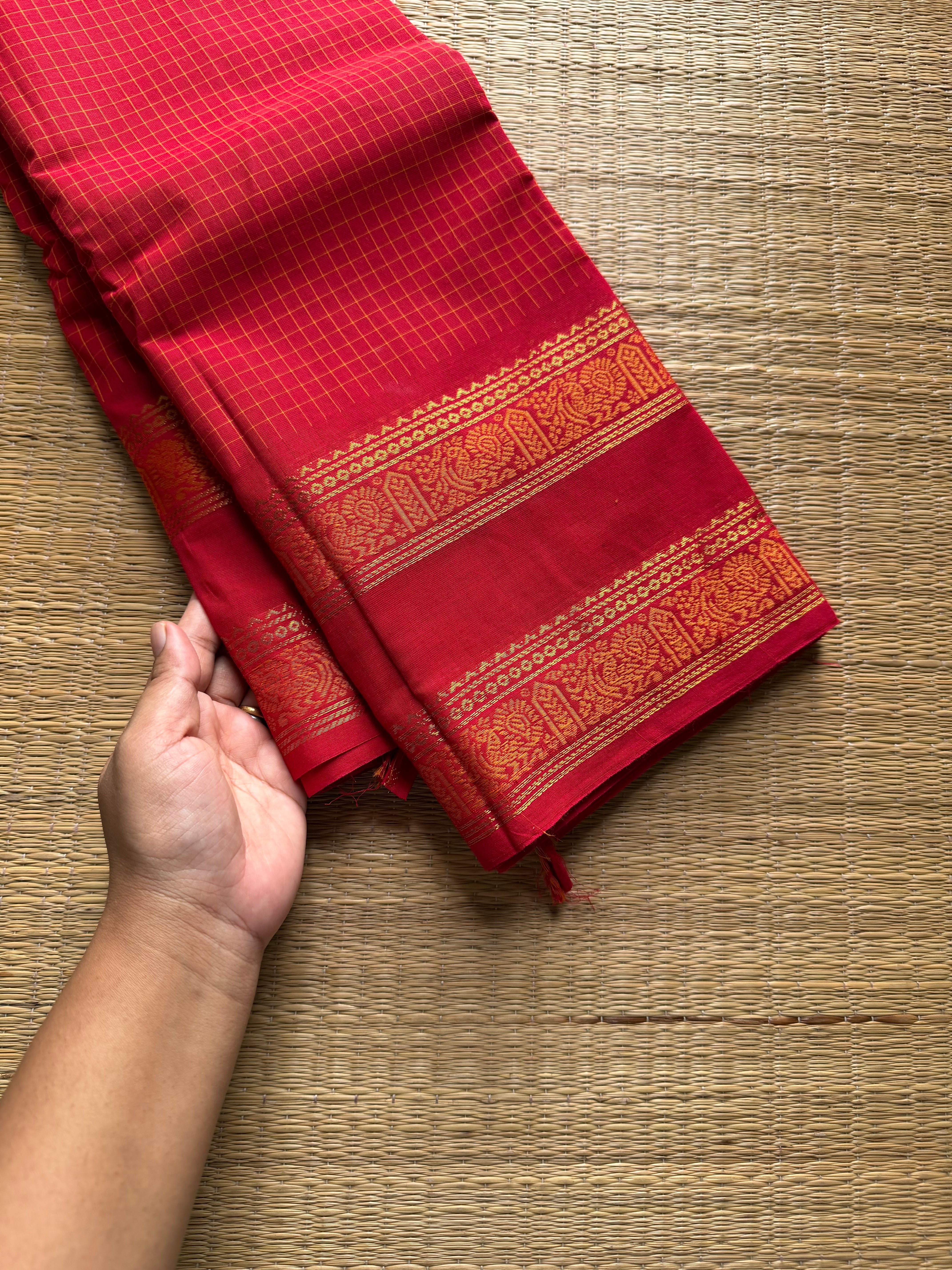 RF1018 Kattam Edition ~ Chilli red Premium Kanchi Cotton Saree with Minimal Zari & checks pattern