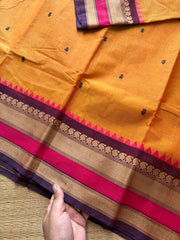 Premium & Soft Thread border Kanchi cotton saree with handmade thread buttas ~ Dark Mango Shade