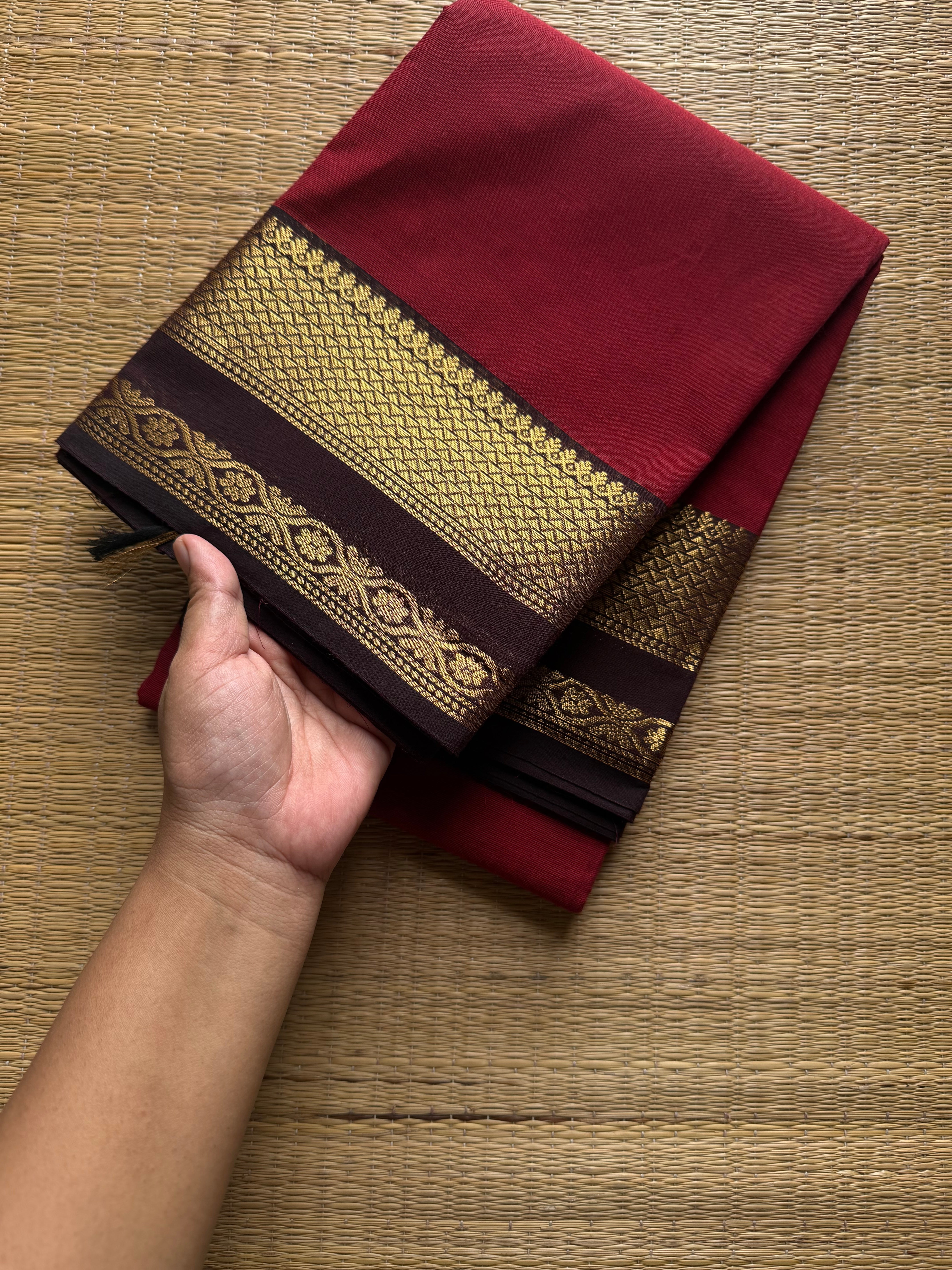 RF925 Reddish maroon with brown combination Kanchi cotton saree with unique border