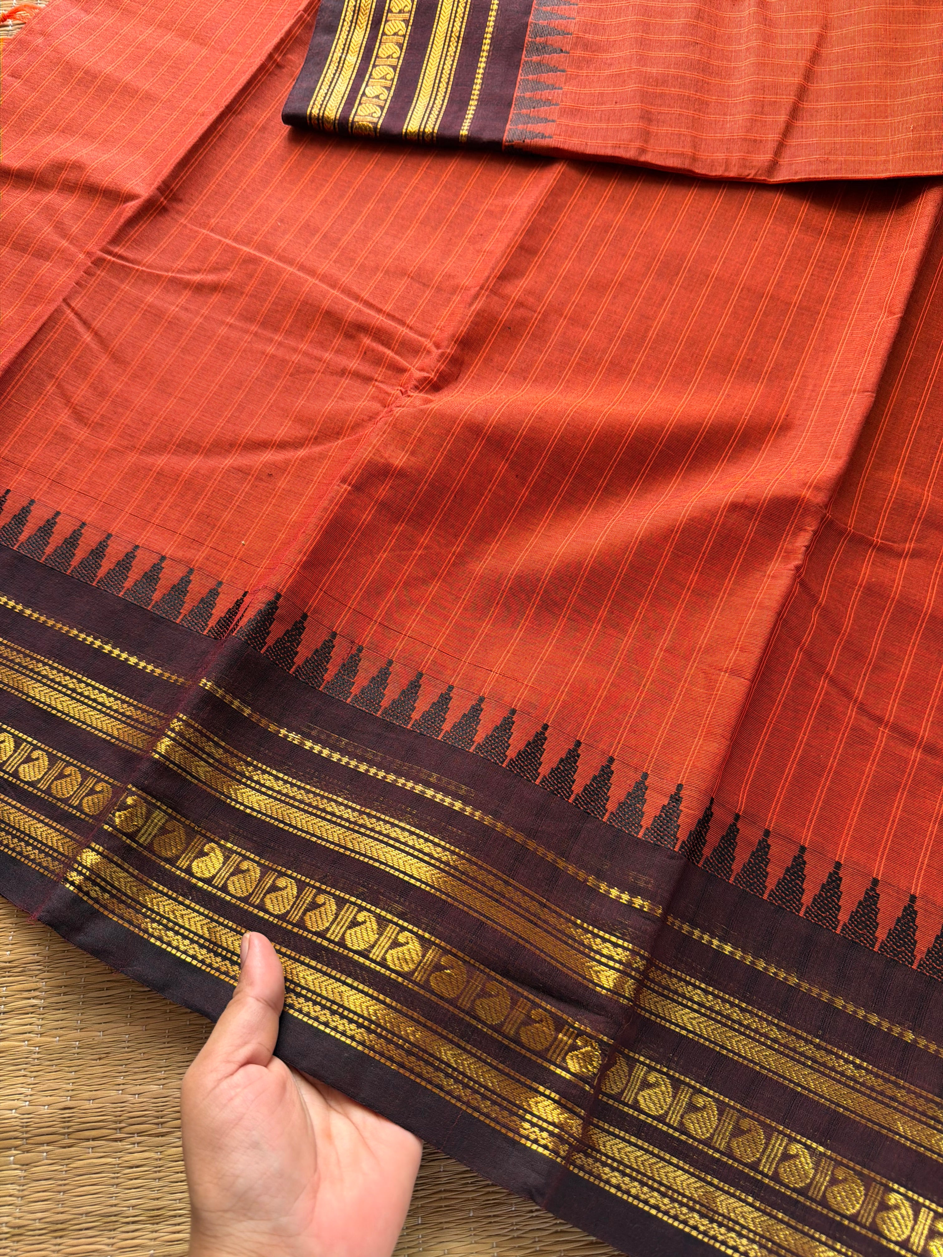 RF348 Rust Orange With Contrast Brown Kanchi Cotton Saree with vertical stripped pattern & mango Zari border