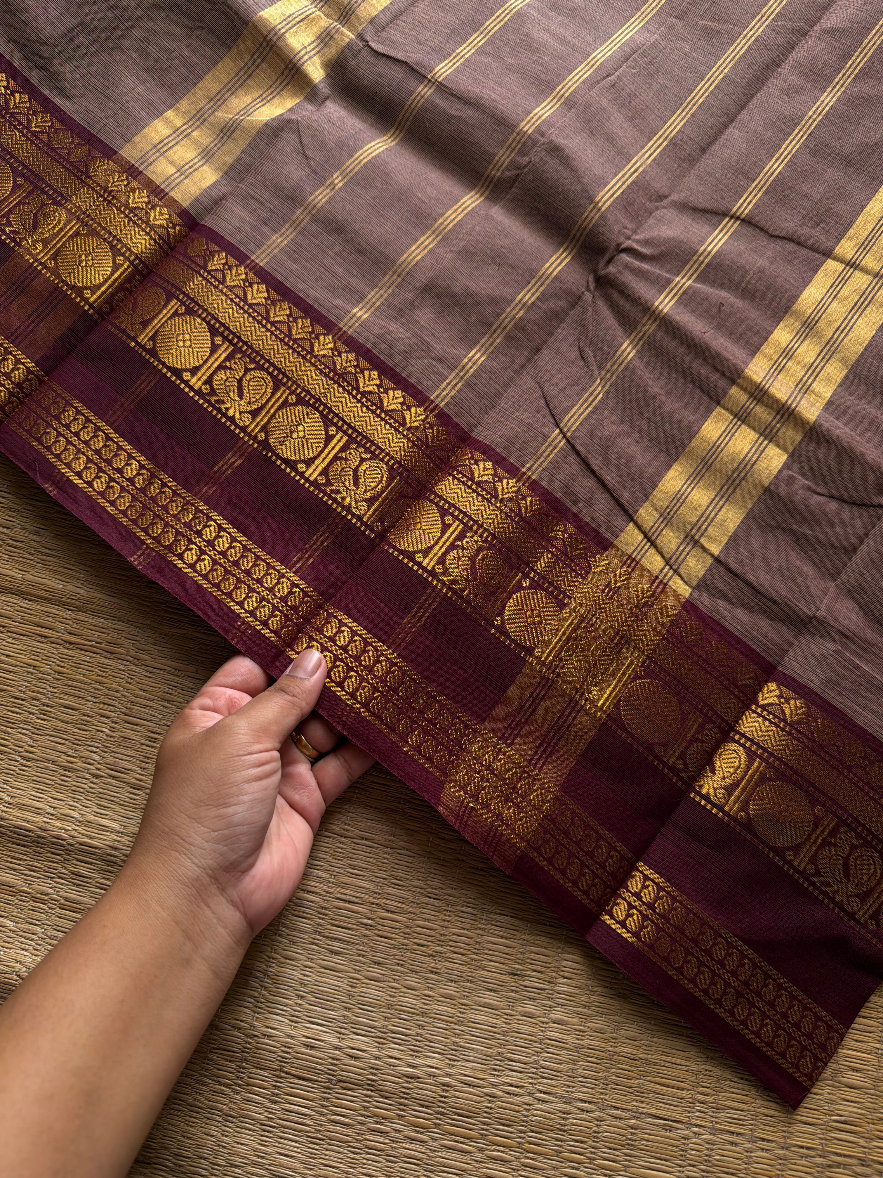 RF1119 Biscuit with maroon Kanchi cotton saree with gap border