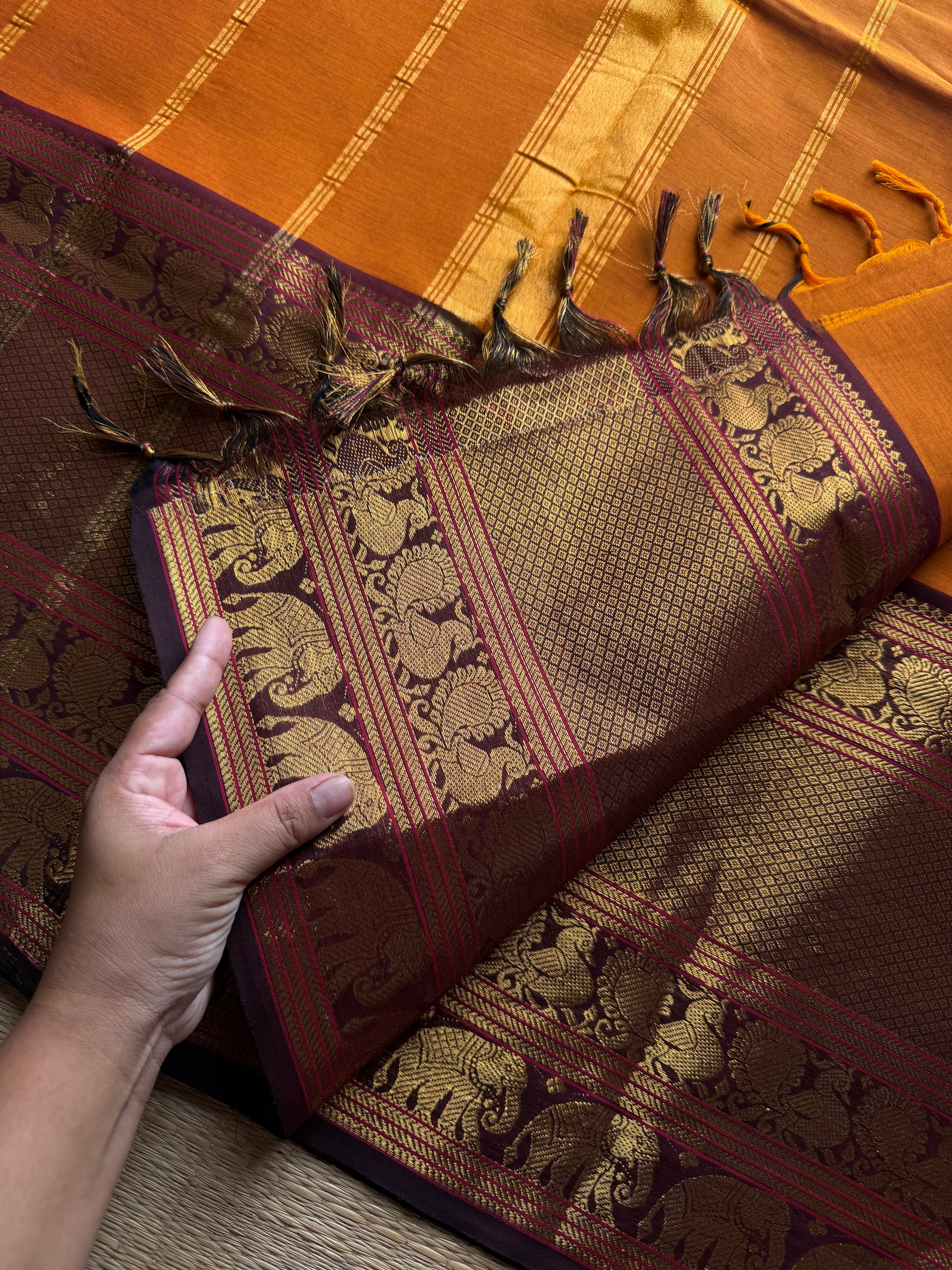 RF1193 Rust orange with brown ~ Long / Big border Kanchi cotton saree