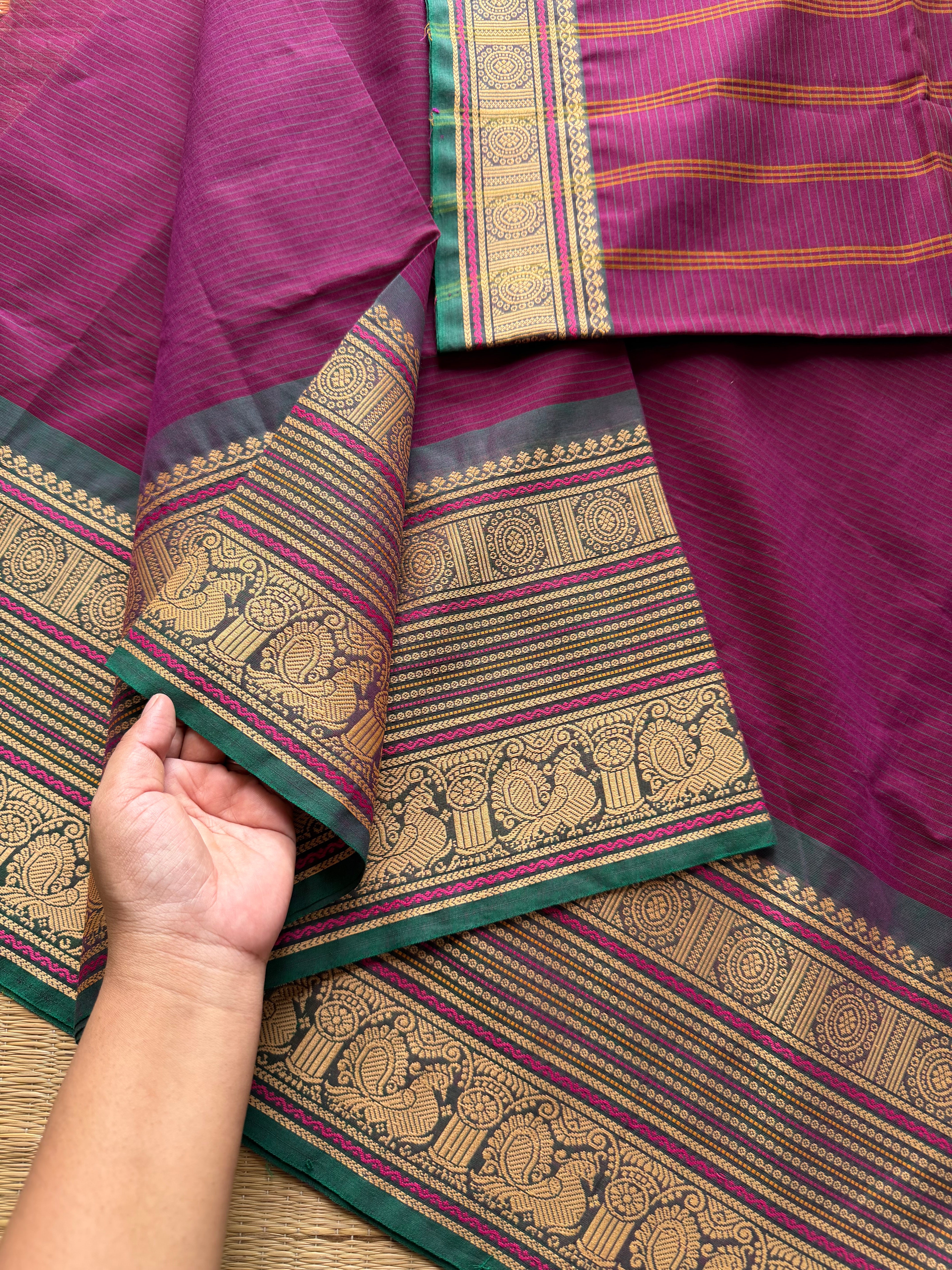RF440 Magenta with green combination Premium & Soft Kanchi Cotton Saree with intricate horizontal stripped lines