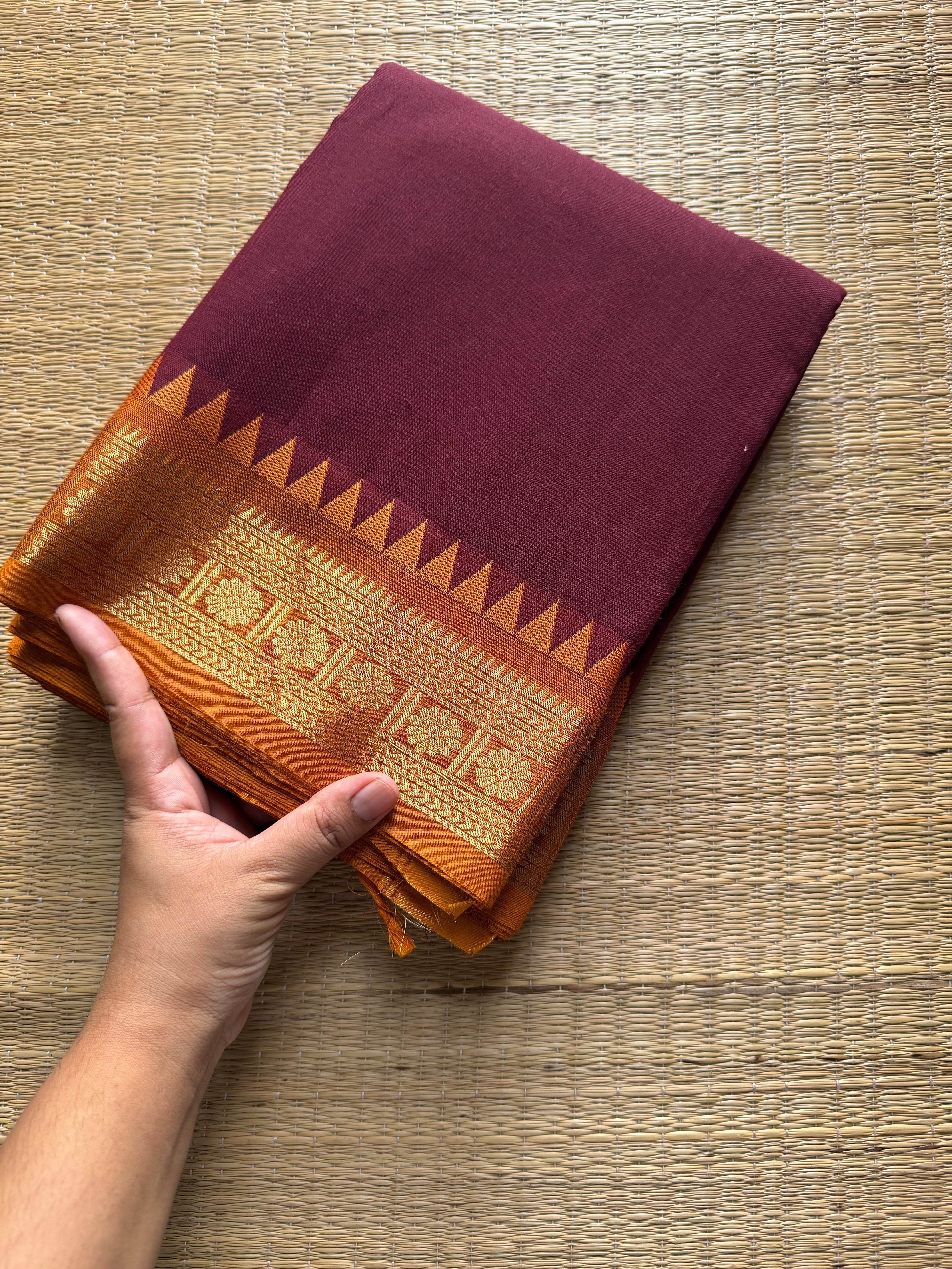 RF287 Maroon shade Kanchi cotton saree with small Zari border