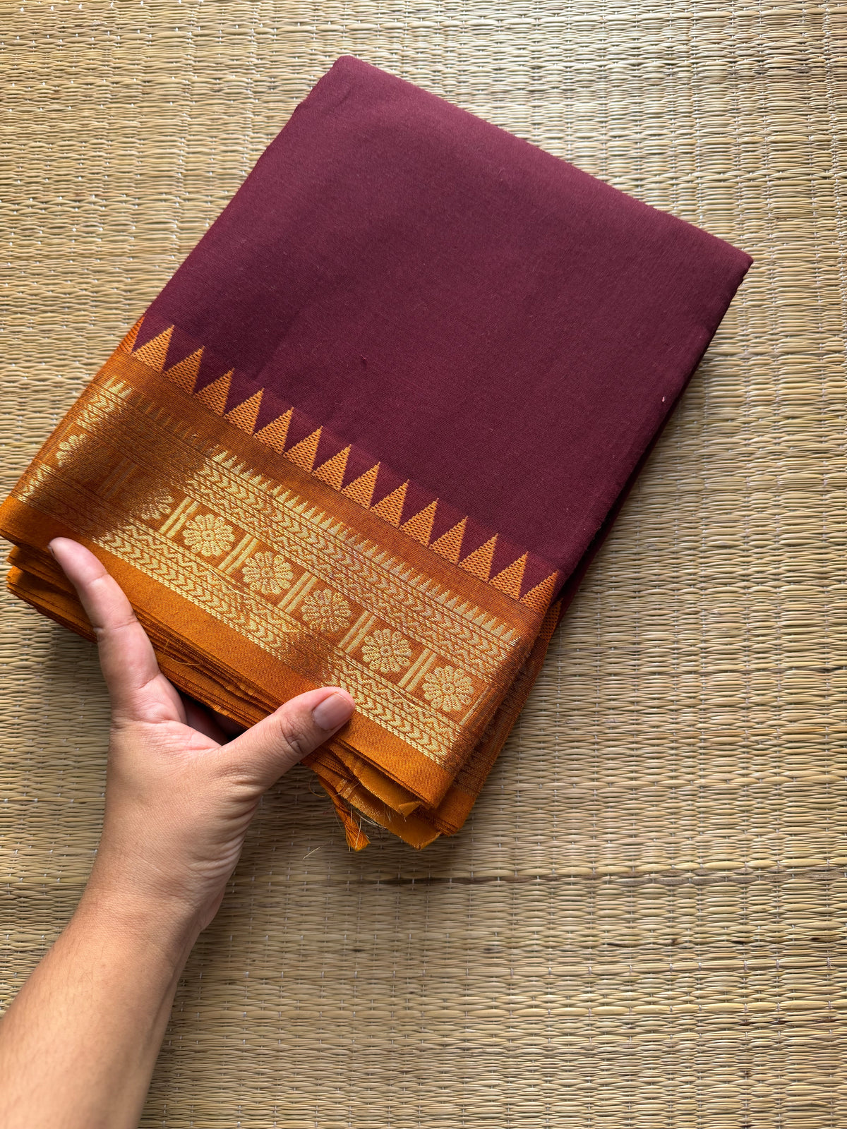 RF287 Maroon shade Kanchi cotton saree with small Zari border