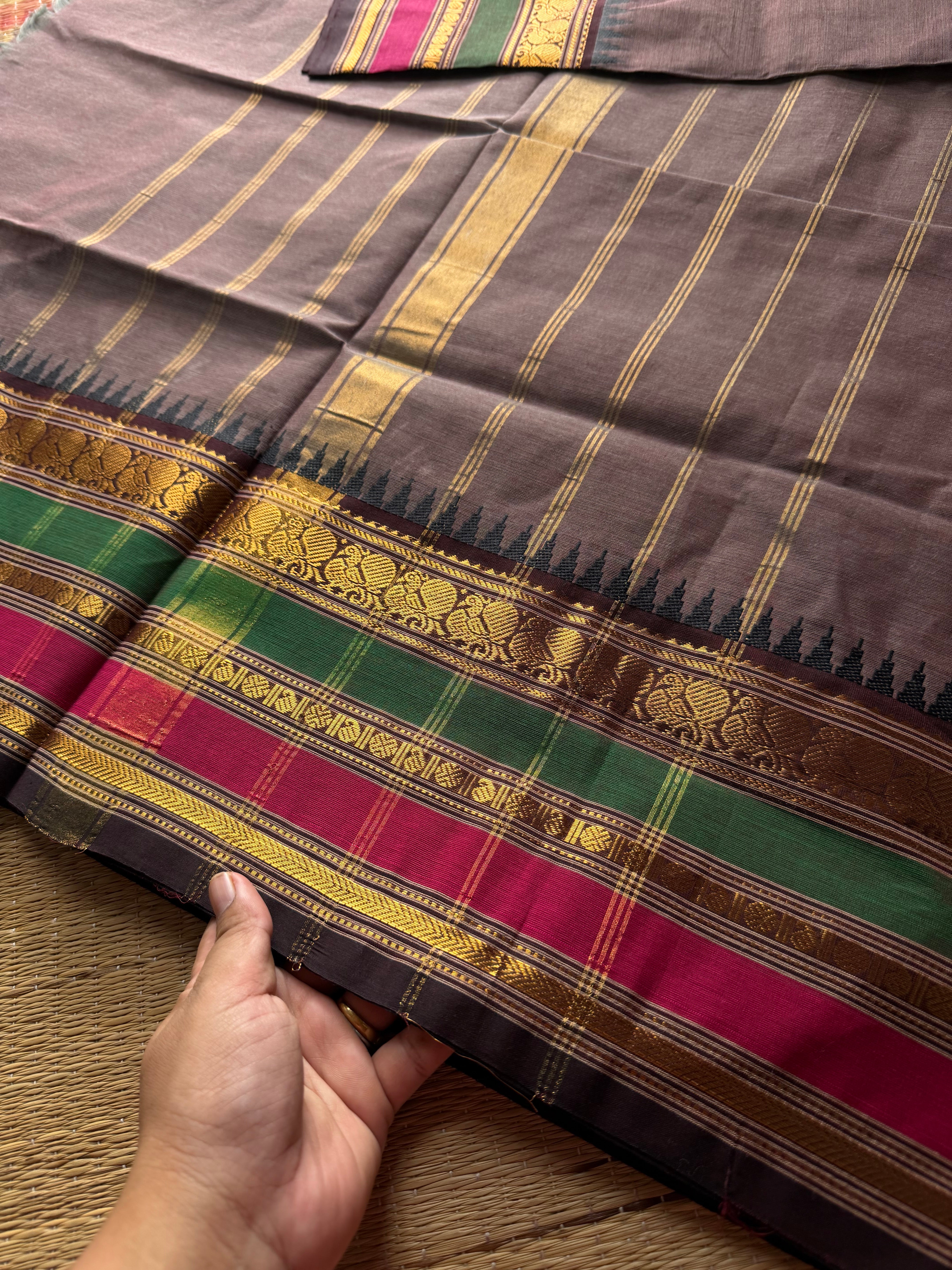 Grey shade Kanchi cotton saree with silk saree inspired Varisaipet Border