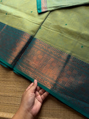 RF891 Copper Zari Kanchi cotton saree with handmade thread buttas ~ Dual tone Apple green