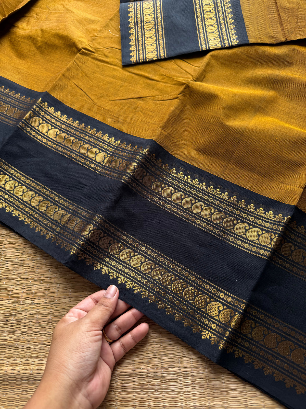 RF1225 Mustard with black Kanchi cotton saree with gap border