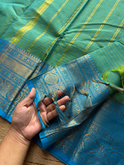 RF721 Dual tone Turquoise green shade kanchi cotton saree with checks / Kattam pattern