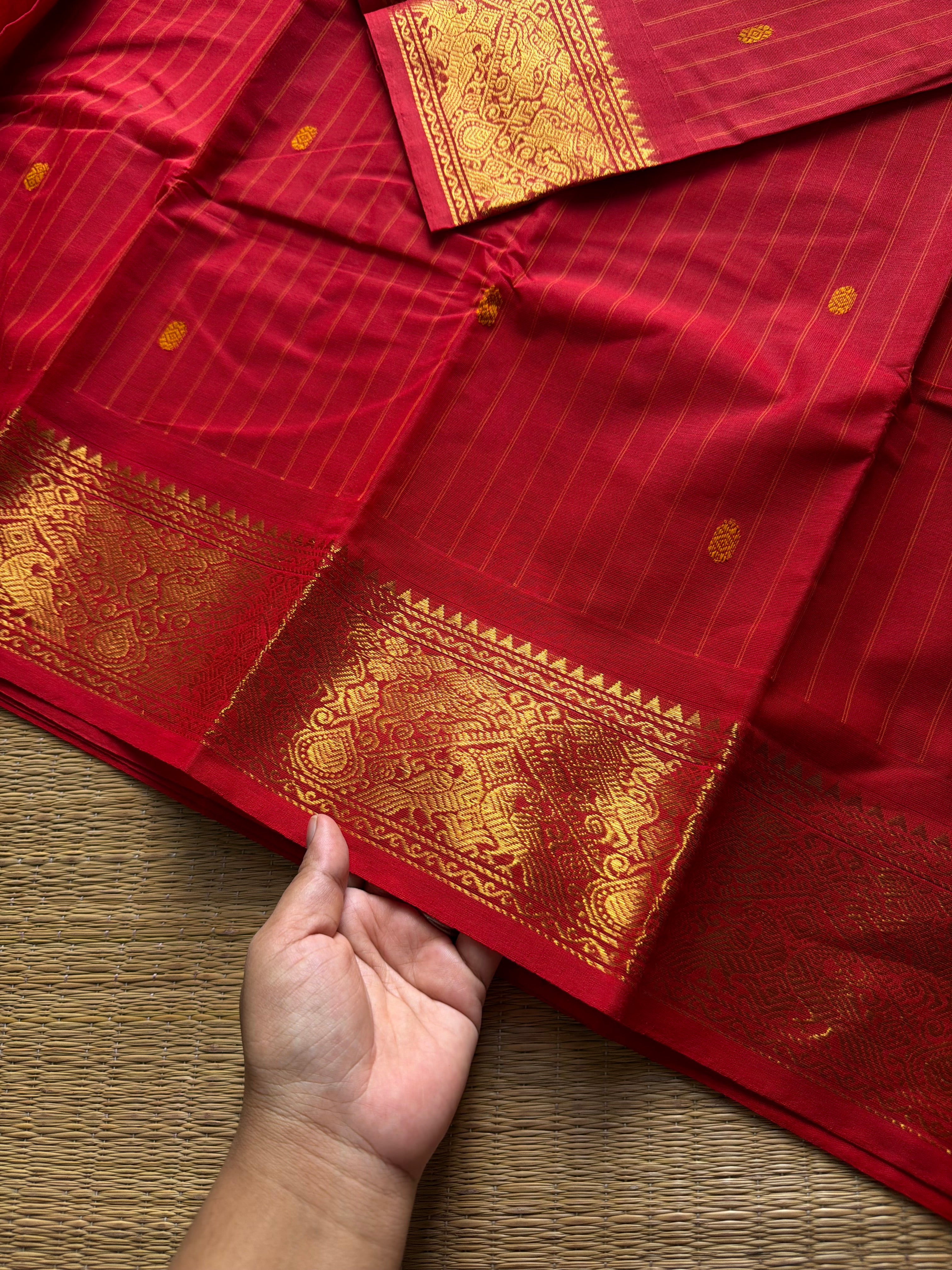 RF1405 Red ~ Vanasingaram border Kanchi cotton saree with handmade thread buttas