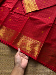 RF1405 Red ~ Vanasingaram border Kanchi cotton saree with handmade thread buttas