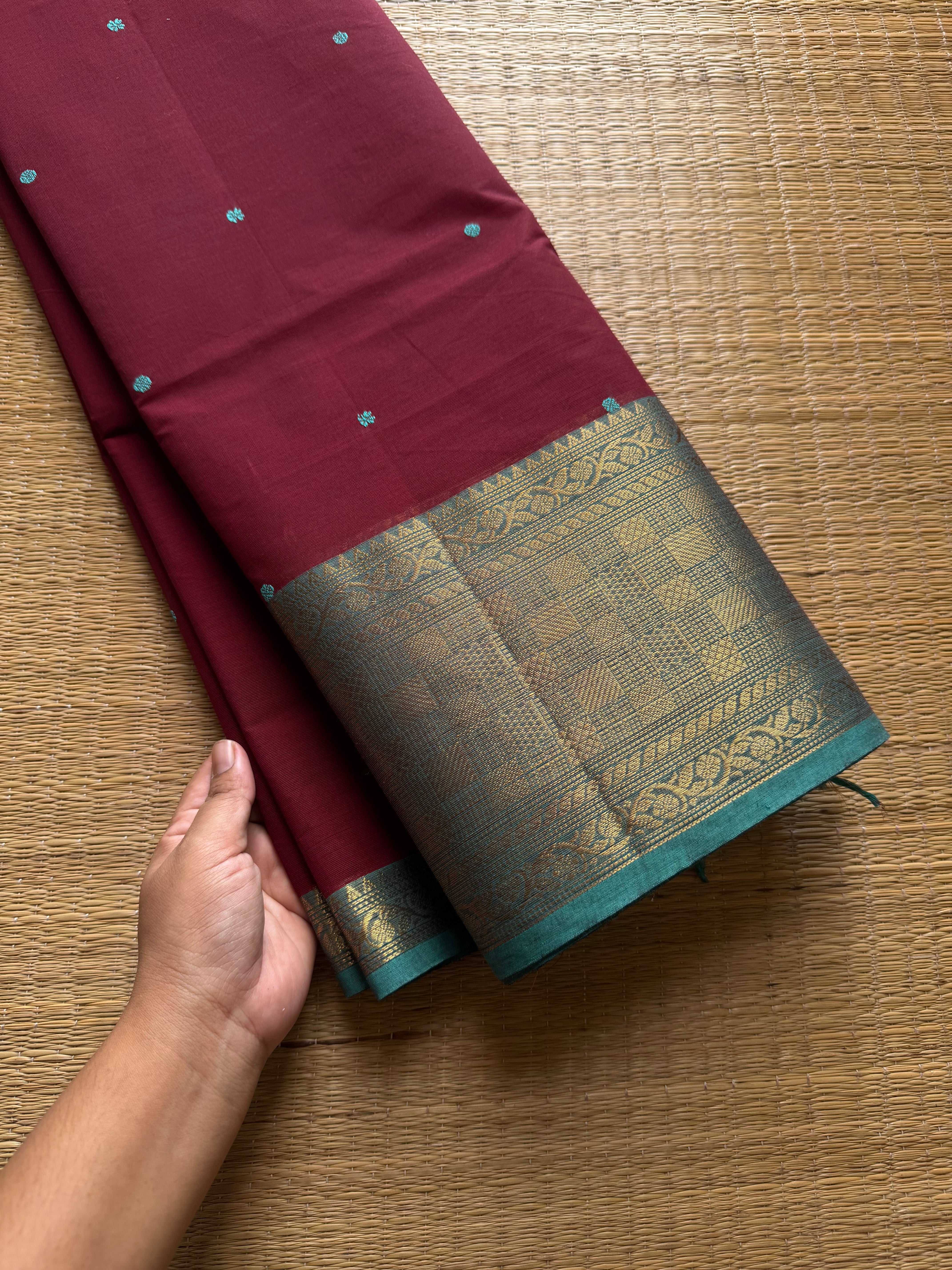 RF649 Dark magenta pink with sky blue combination Kanchi cotton saree with handmade thread buttas