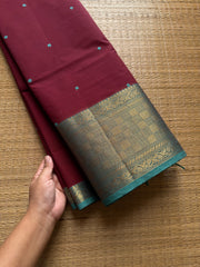 RF649 Dark magenta pink with sky blue combination Kanchi cotton saree with handmade thread buttas