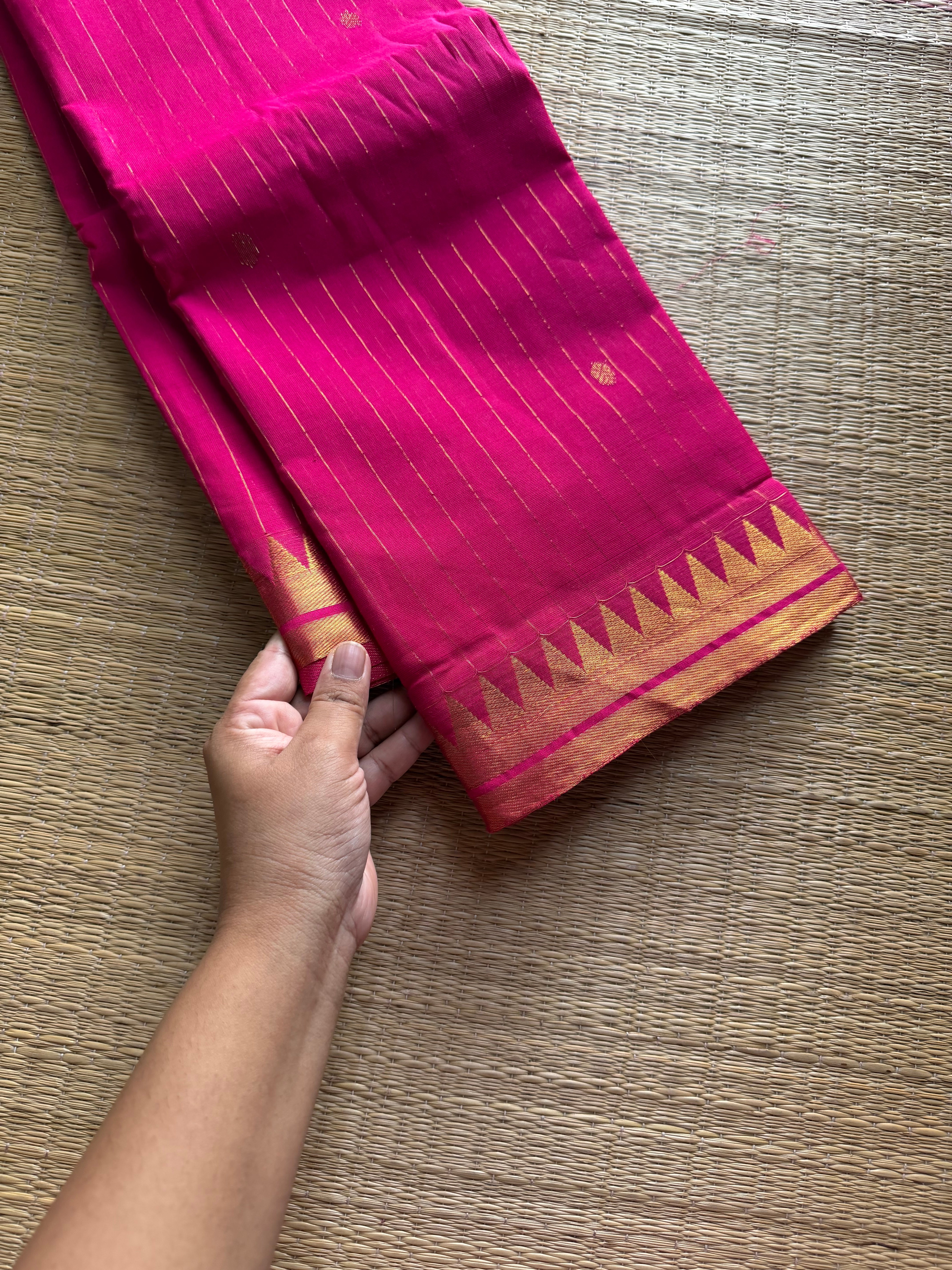 RF1046 Monotone Rani Pink Premium Kanchi Cotton Saree with Vairaoosi pattern and handmade golden Zari Buttas
