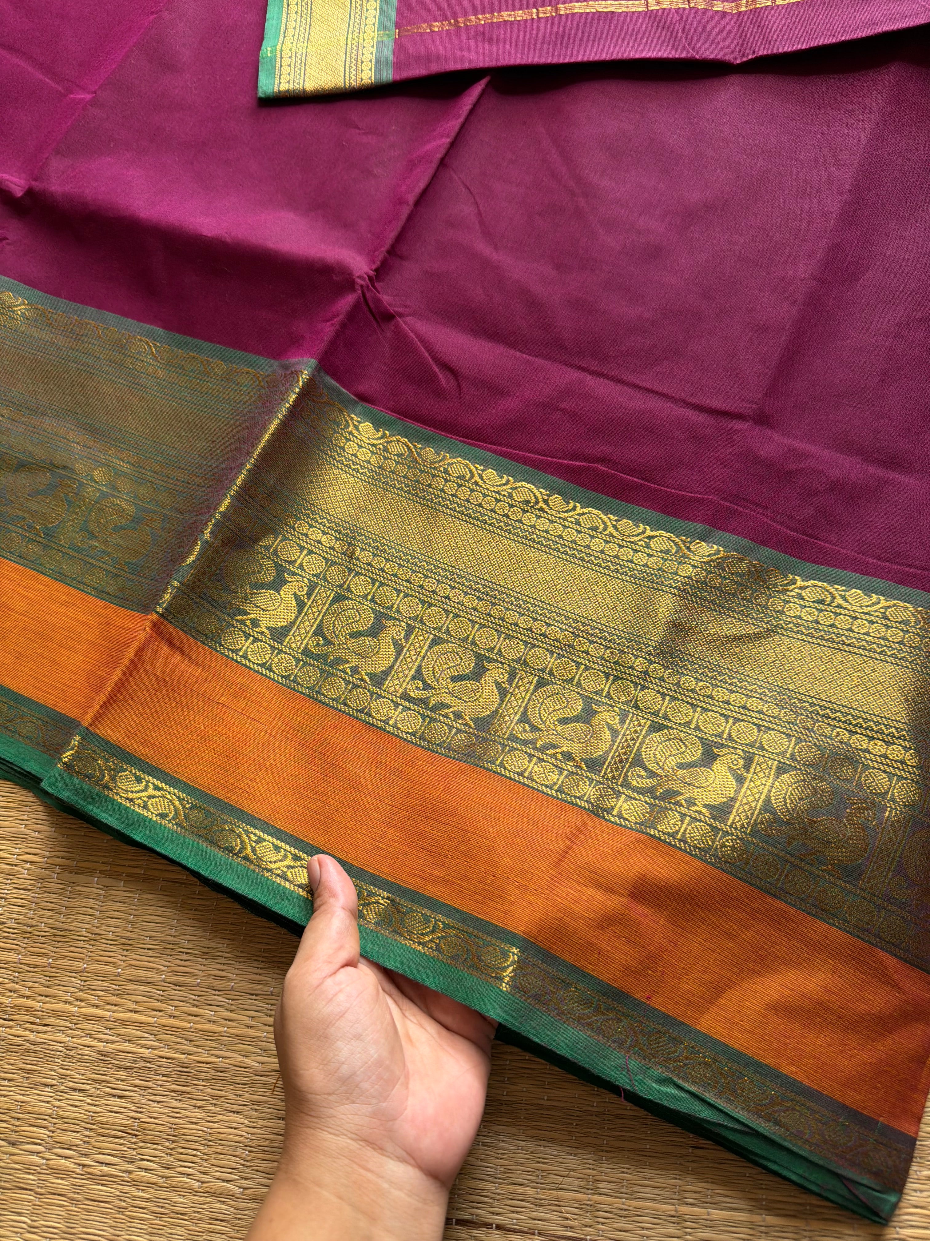 Dark magenta pink shade Kanchi cotton saree with contrast big Zari border