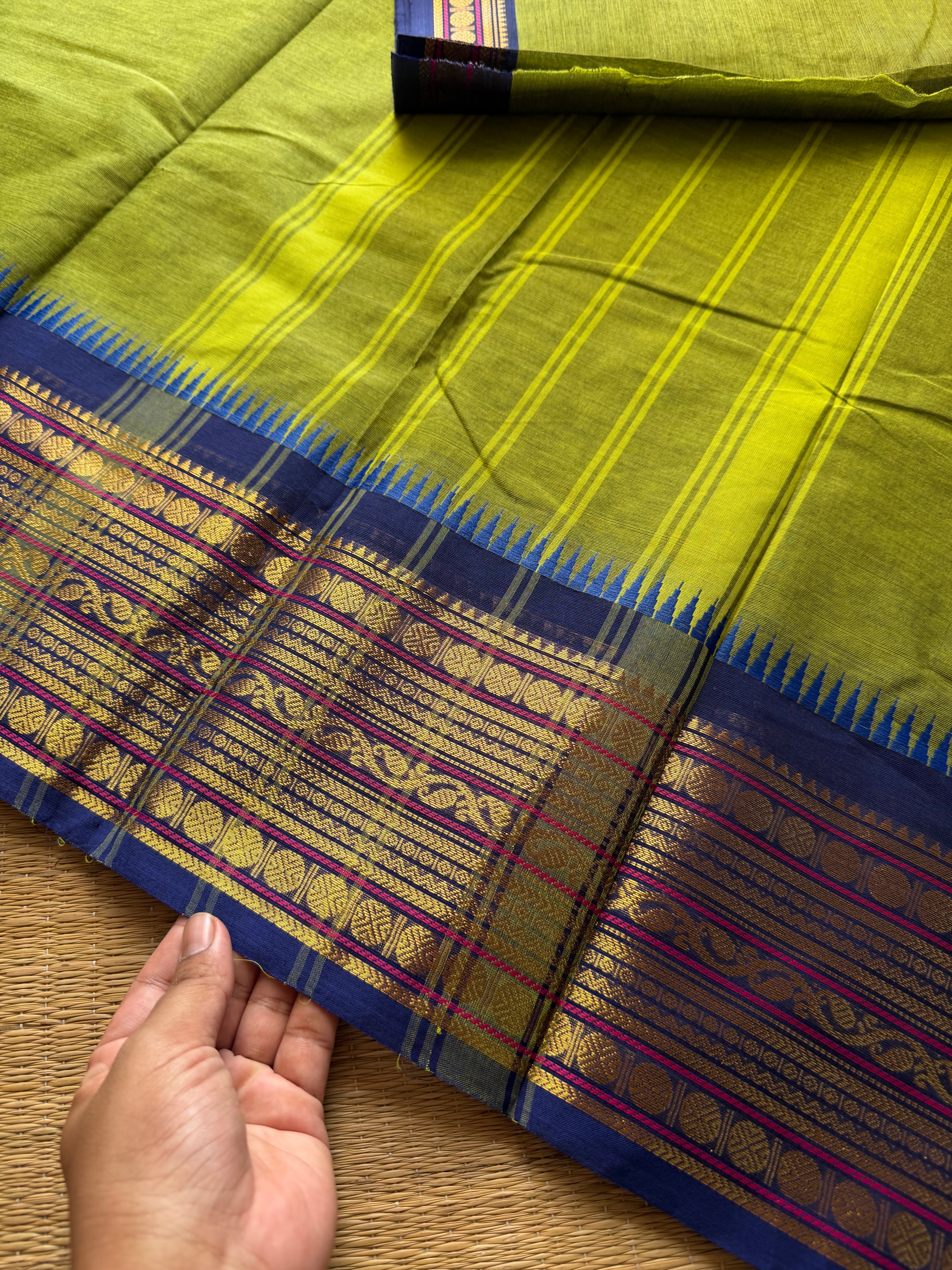 RF353 Green with contrast royal blue combination Kanchi cotton saree