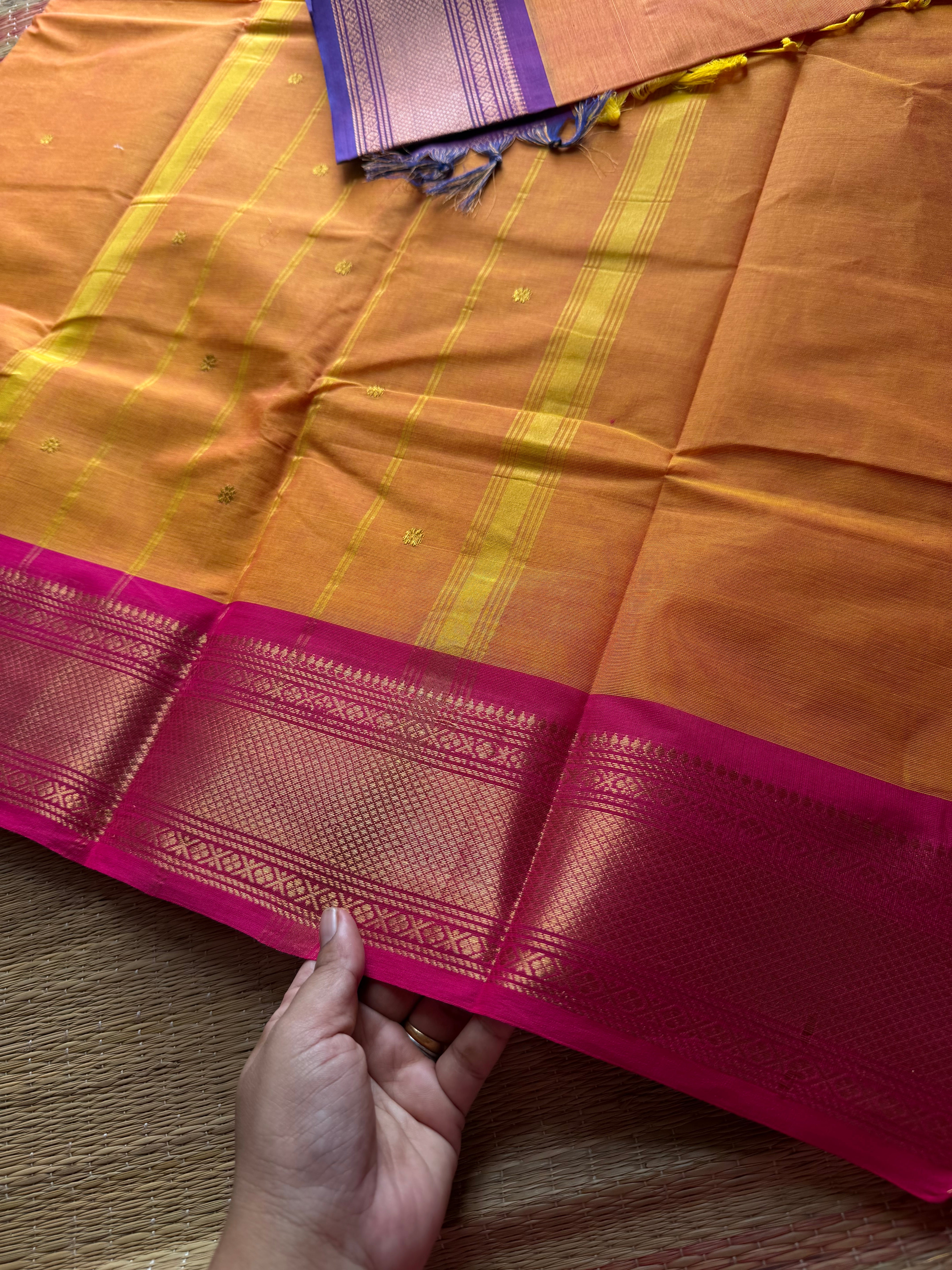 Dark Mango shade with contrast purple & pink combo Ganga Jamuna border Kanchi cotton saree with handmade thread buttas