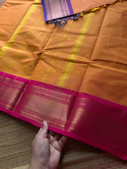 Dark Mango shade with contrast purple & pink combo Ganga Jamuna border Kanchi cotton saree with handmade thread buttas
