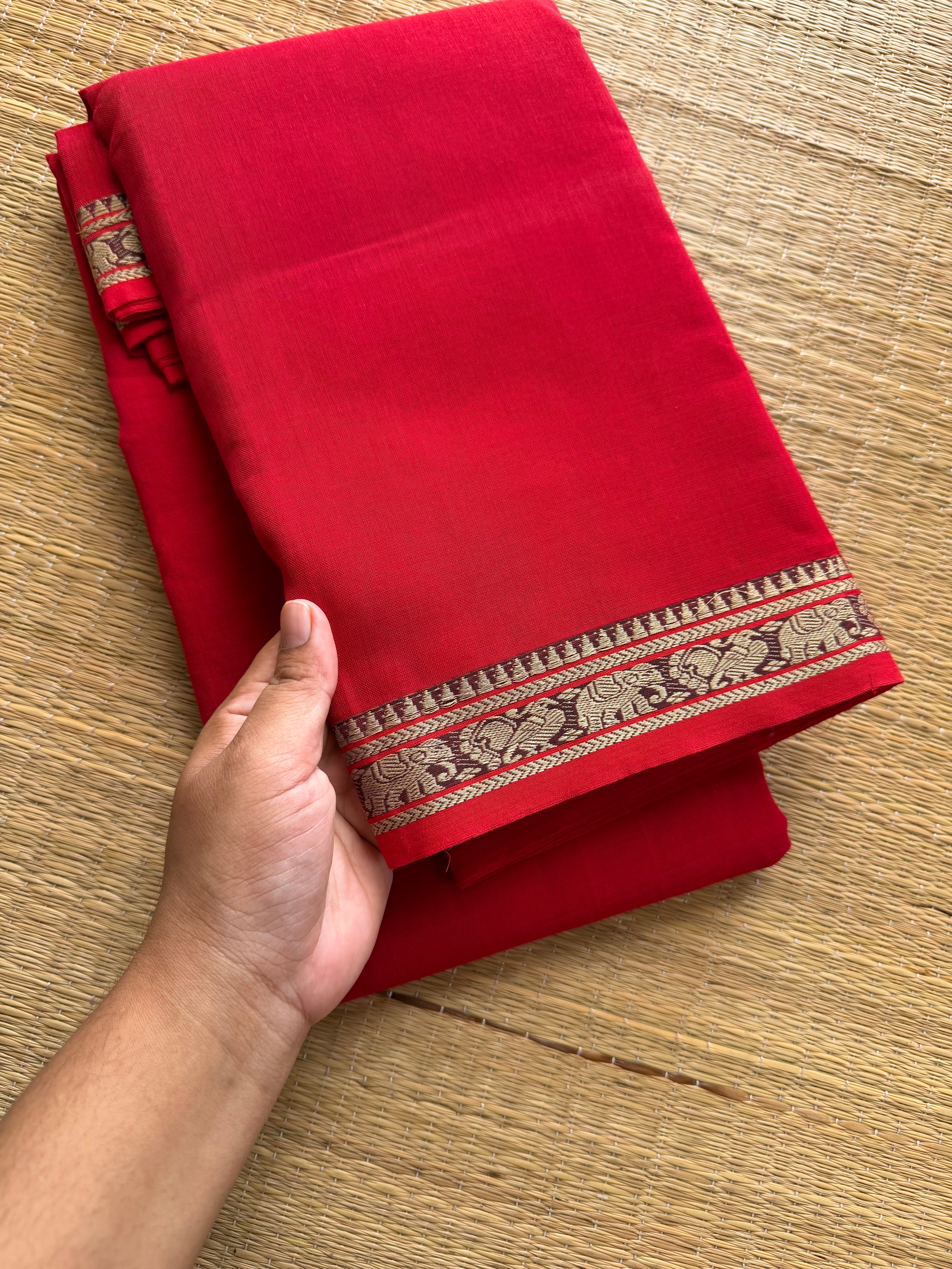RF224 Monotone red Narayanpet cotton saree with small border