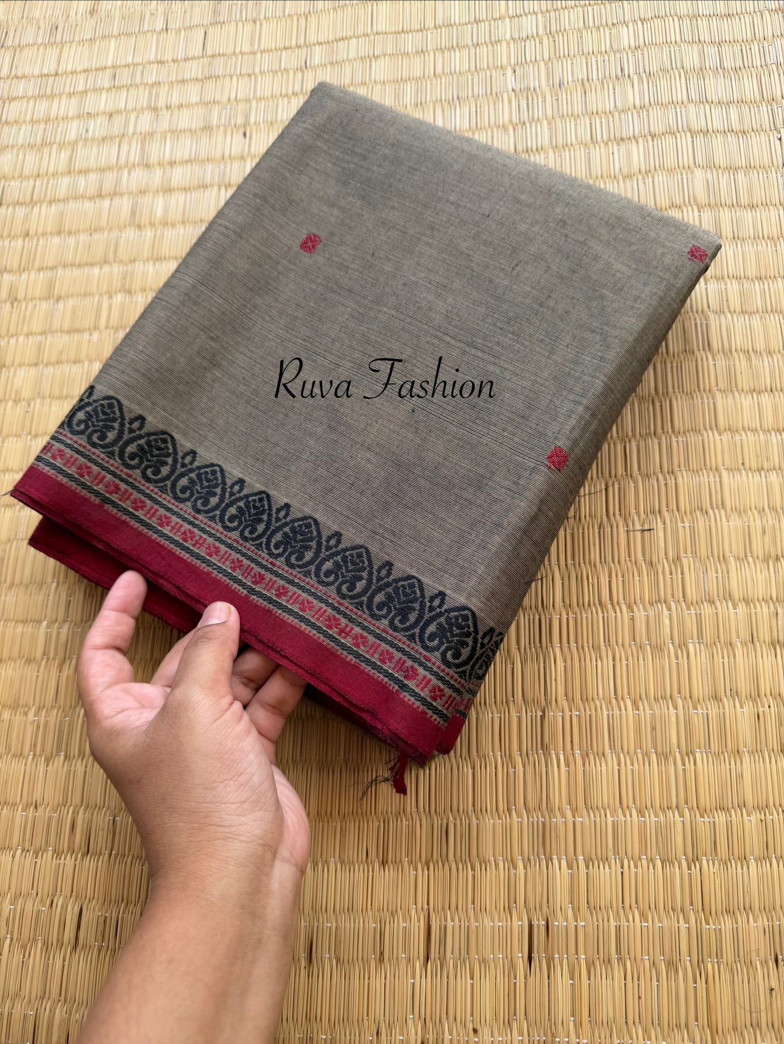 RF128 Grey Shade Kanchi Cotton Saree With small contrast thread border &  handmade thread butts