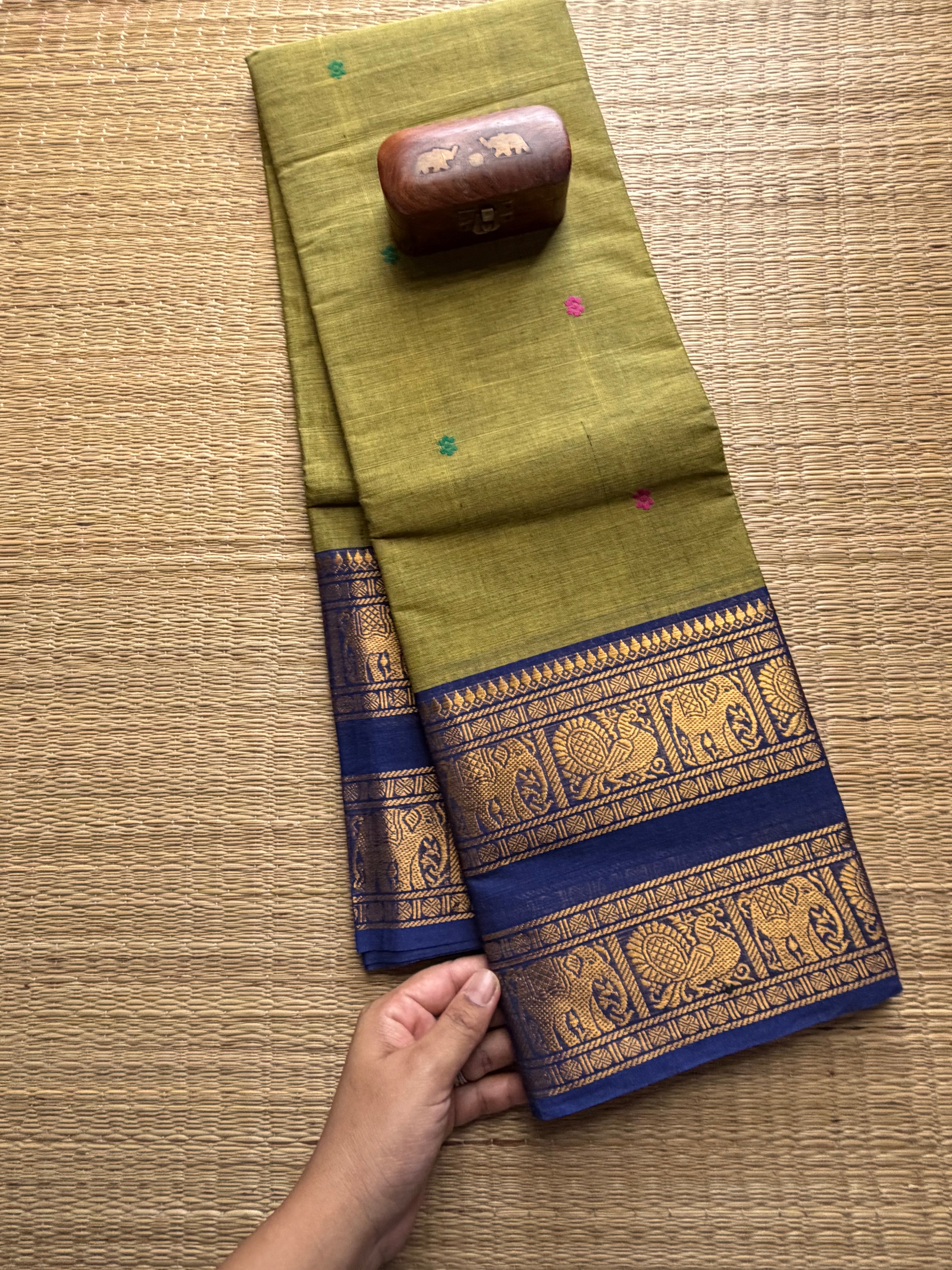 Green With Blue Retta Patta Kanchi Cotton Saree With Handmade Thread Buttas