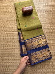 Green With Blue Retta Patta Kanchi Cotton Saree With Handmade Thread Buttas