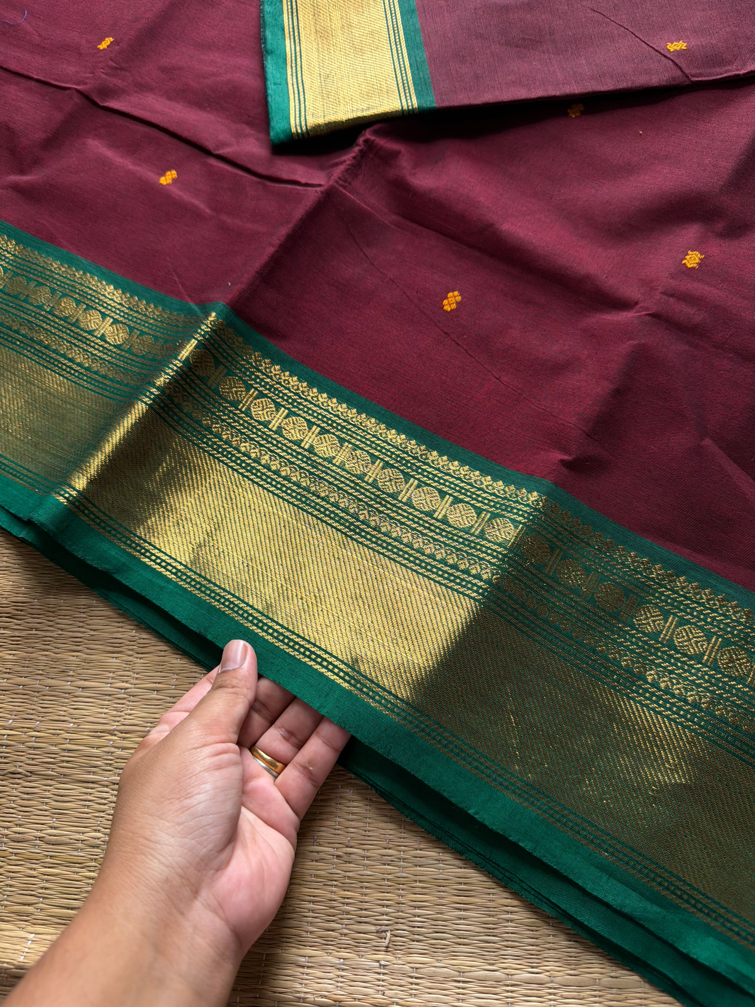 RF756 Maroon shade kanchi cotton saree with handmade thread buttas