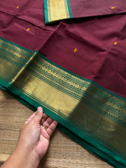 RF756 Maroon shade kanchi cotton saree with handmade thread buttas