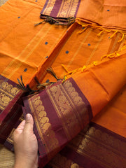RF371 Orange with contrast maroon combination mango and floral pattern border Kanchi cotton saree with handmade Buttas