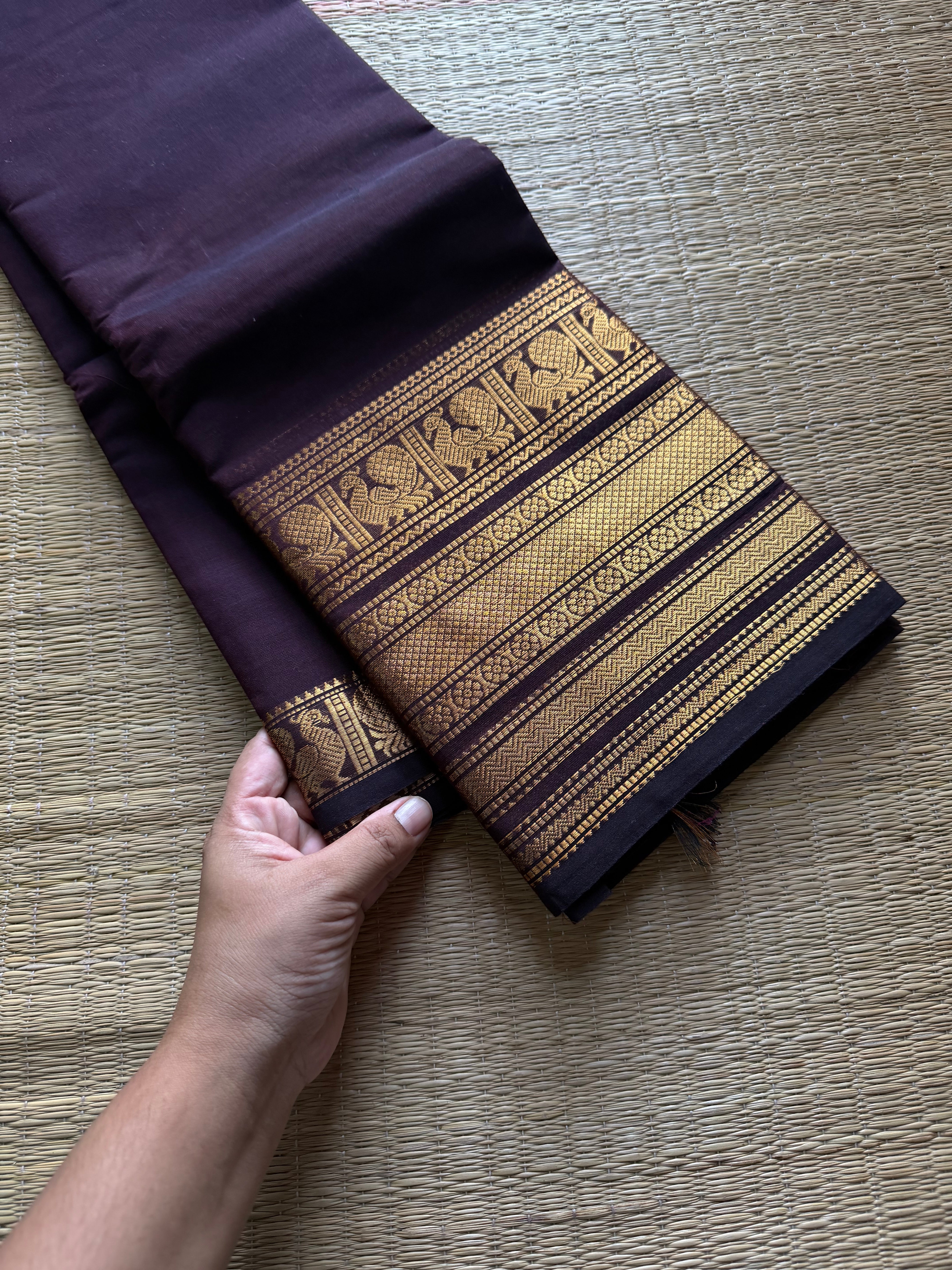 RF714 Silk saree inspired monotone deep coffee brown shade Kanchi cotton saree with Varisaipet golden Zari big / long border