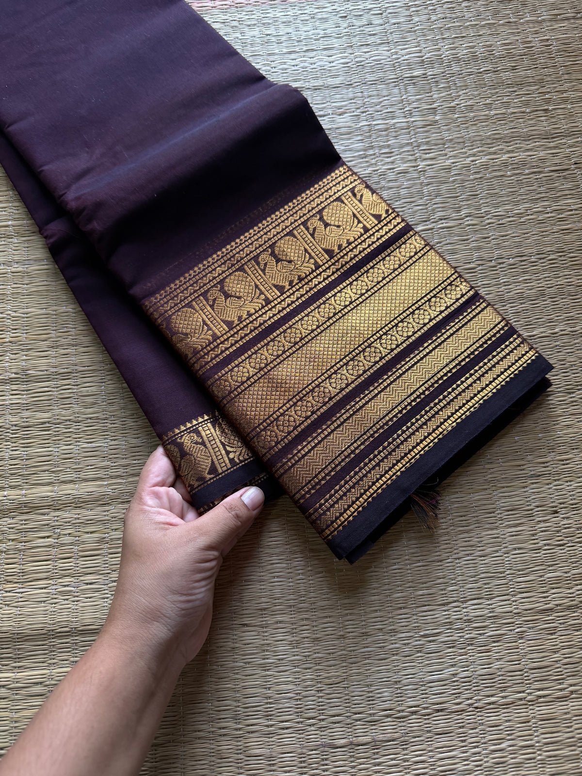 RF714 Silk saree inspired monotone deep coffee brown shade Kanchi cotton saree with Varisaipet golden Zari big / long border