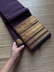 RF714 Silk saree inspired monotone deep coffee brown shade Kanchi cotton saree with Varisaipet golden Zari big / long border