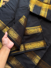 RF717 Monotone black Kanchi cotton saree with Annam pattern gap border