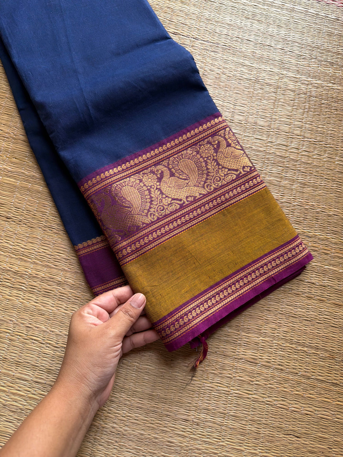 RF1003 Blue ~ Kanchi cotton saree with Annam pattern gap border