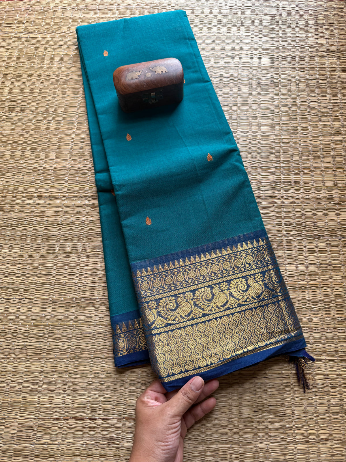 Dark Teal Blue Shade Kanchi Cotton Saree With Handmade Thread Buttas
