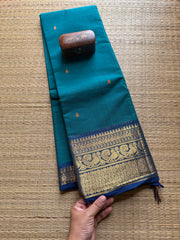 Dark Teal Blue Shade Kanchi Cotton Saree With Handmade Thread Buttas