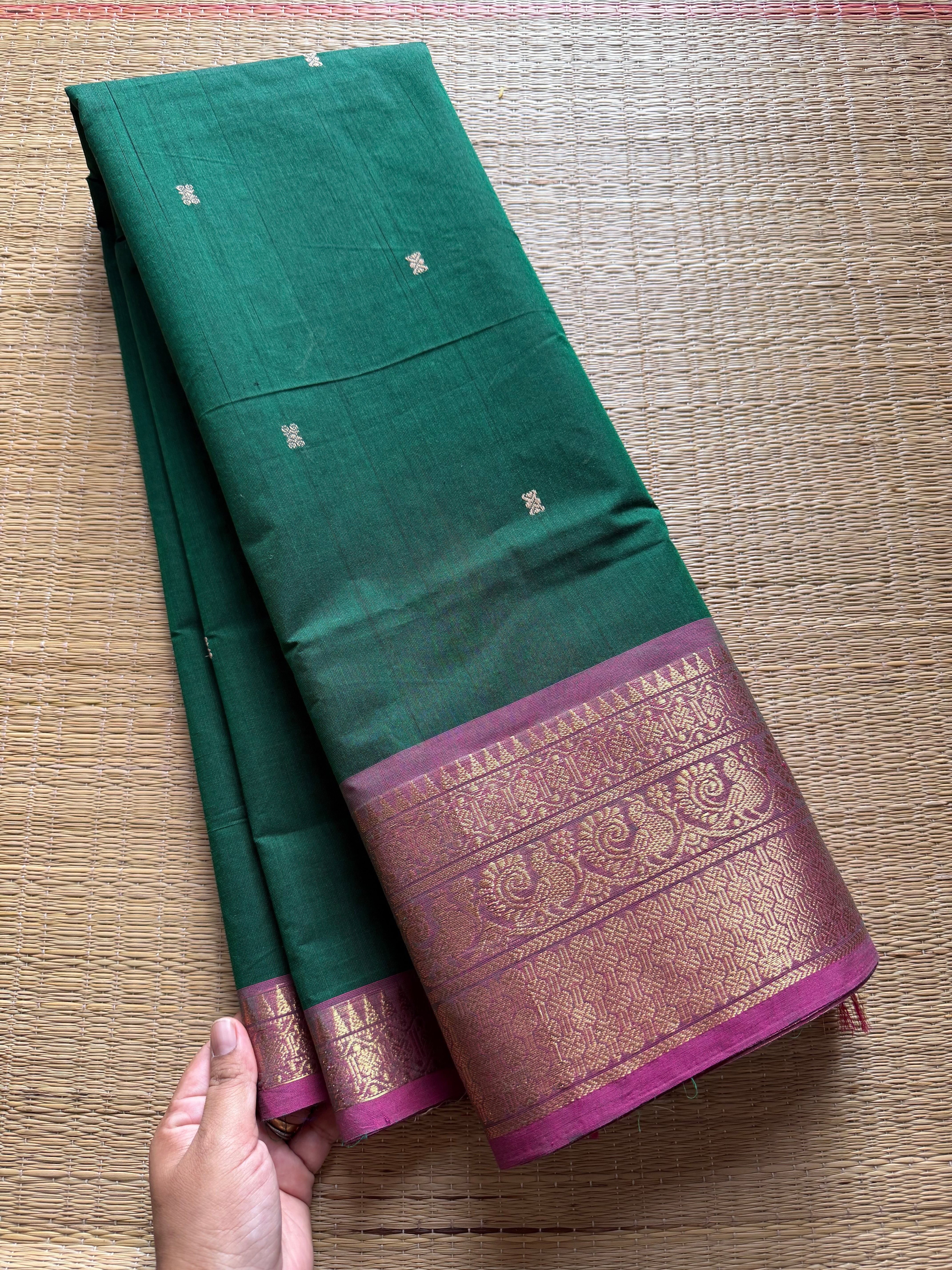 RF242 Green with light pink combination Kanchi cotton saree with handmade thread buttas
