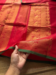RF354 Red & Green Combination Premium Kanchi cotton saree with golden Zari checks pattern & Annam Buttas and intricate Zari woven Pallu