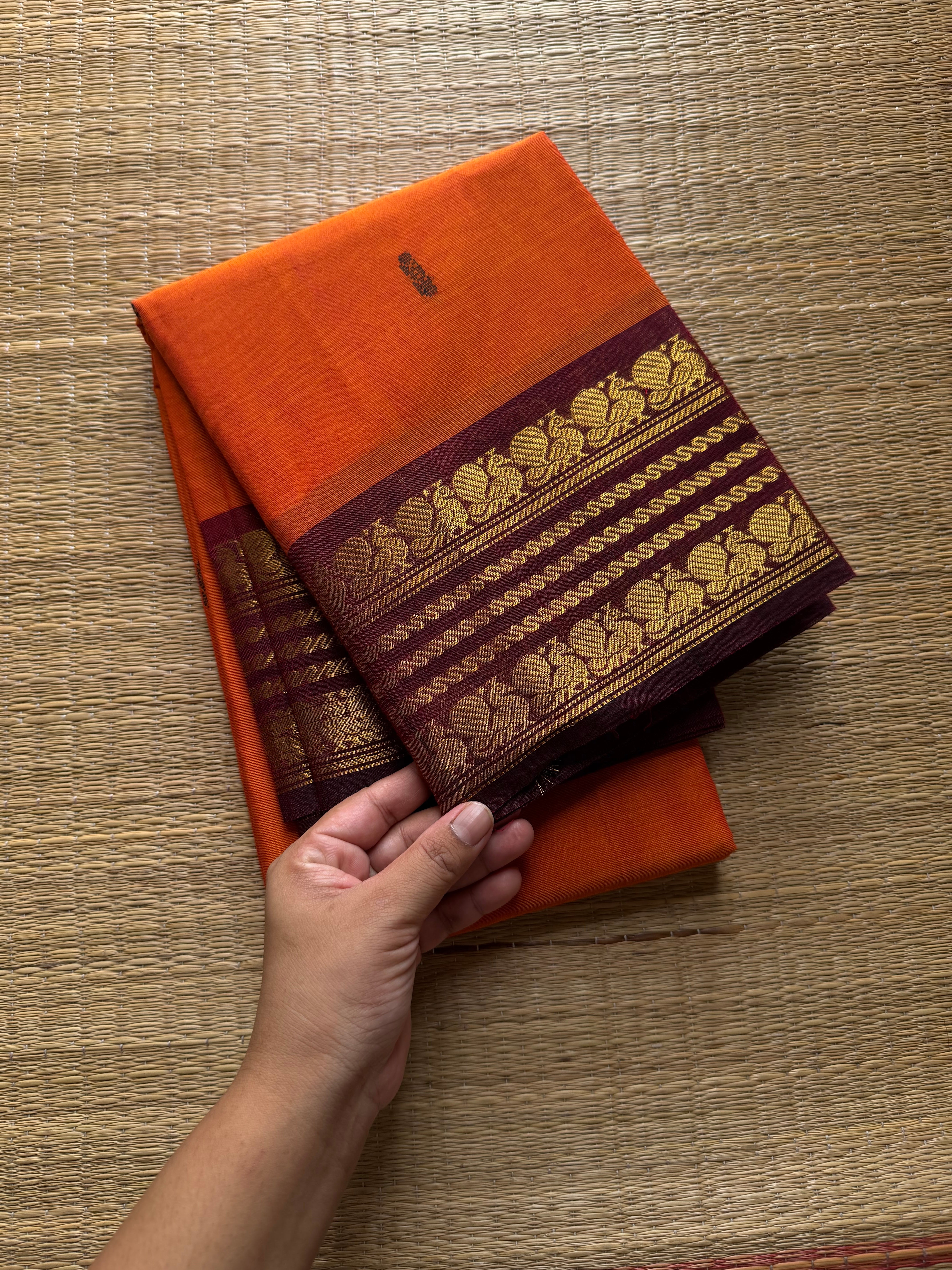 RF550 Orange with maroon Kanchi cotton saree with handmade thread buttas