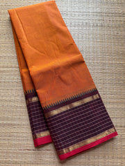 RF373 Orange with brown combination vintage border Kattam / checks pattern Kanchi cotton saree