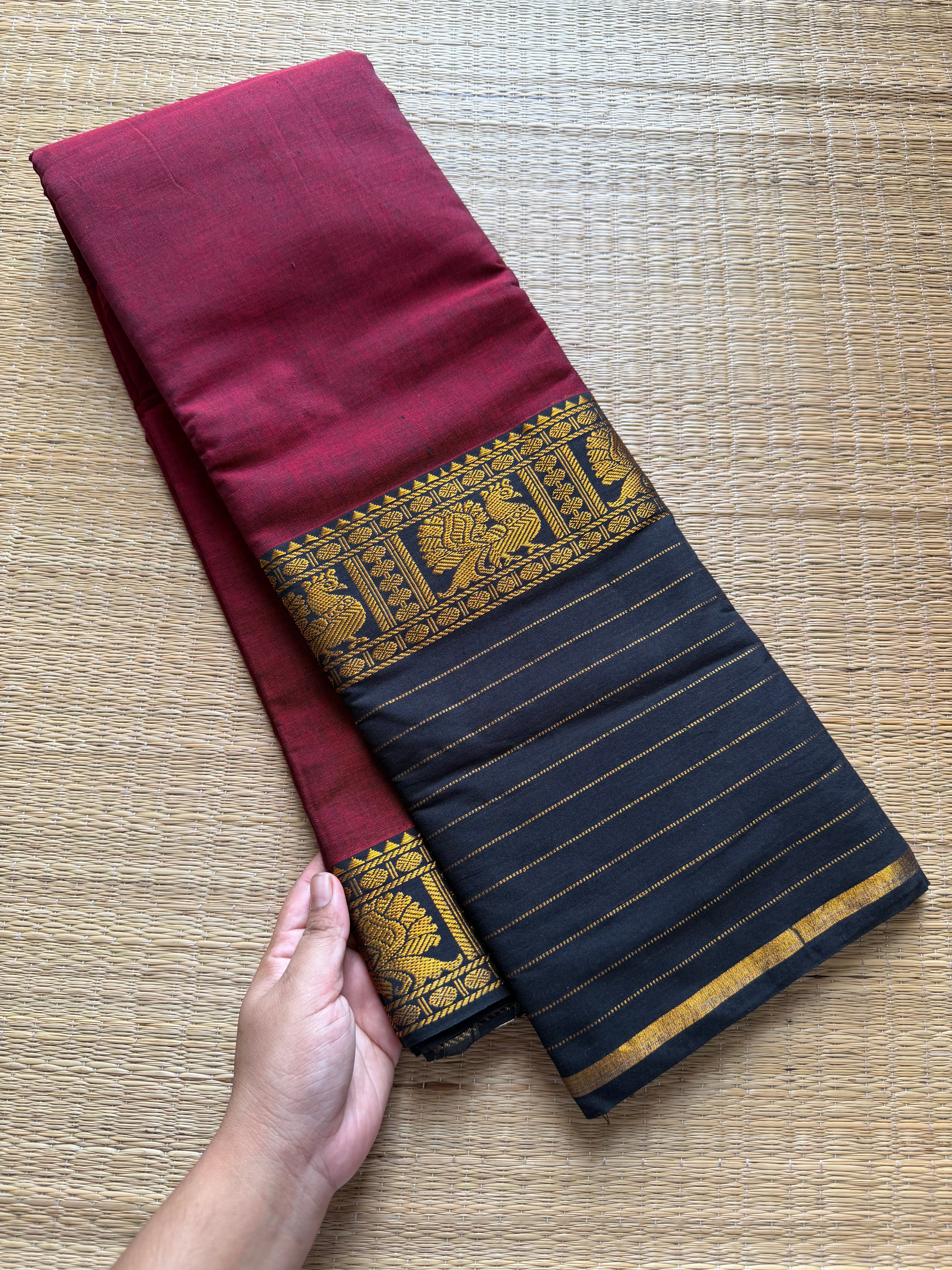 RF615 Maroon with black combination Narayanpet long / big border saree