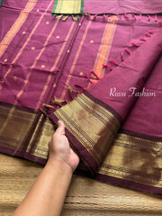 Dark Mauve Pink Shade Kanchi Cotton Saree With Ganga Jamuna Border and handmade golden Zari Buttas