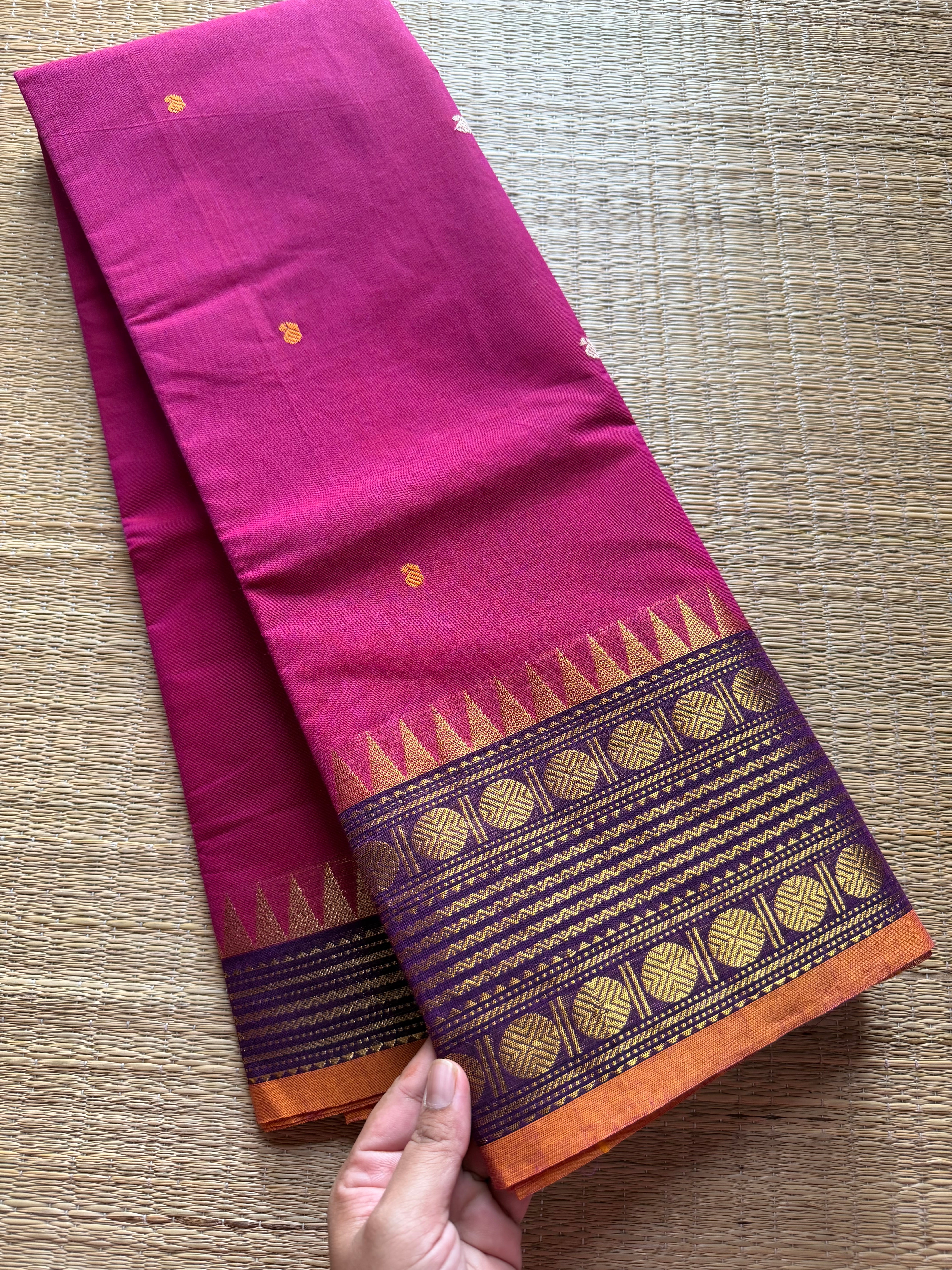 RF378 Magenta pink shade Kanchi cotton saree with unique border and handmade thread buttas