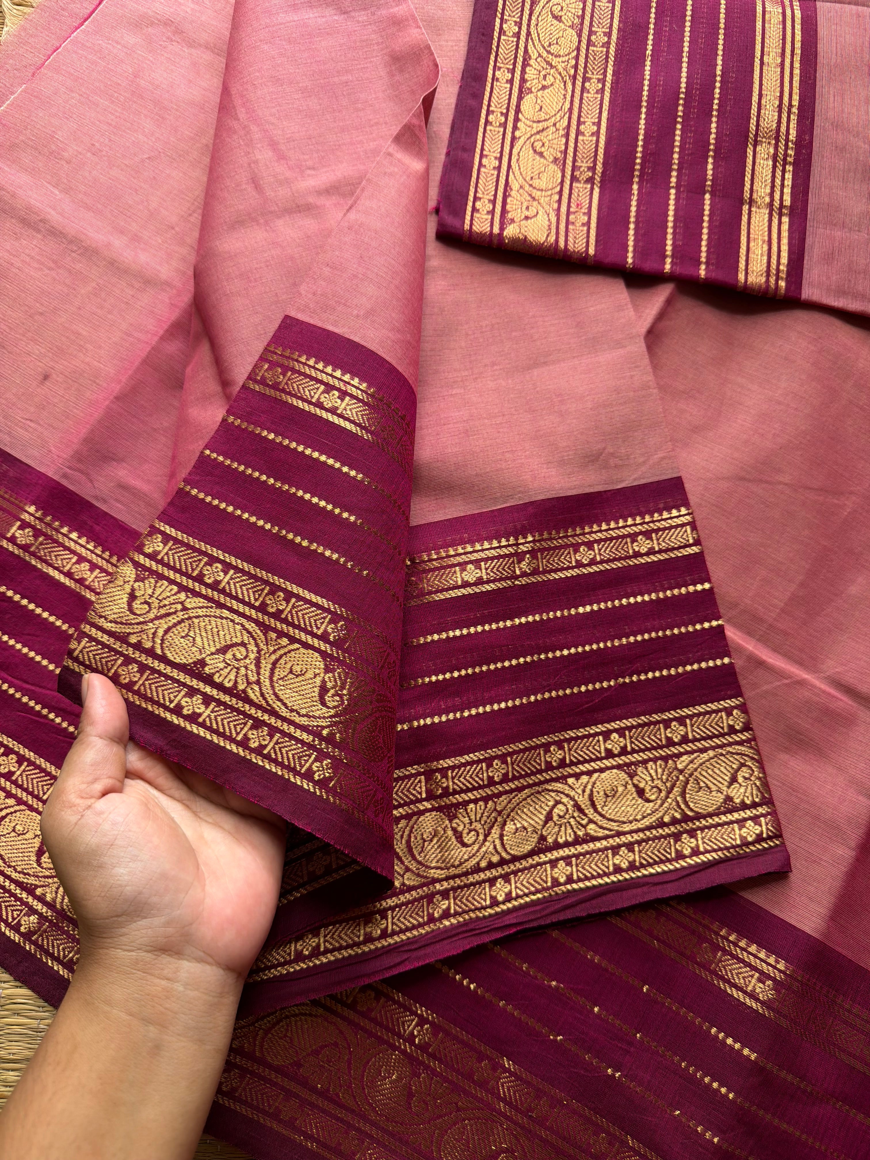 RF684 Silk saree inspired Kanchi cotton saree ~ Onion pink