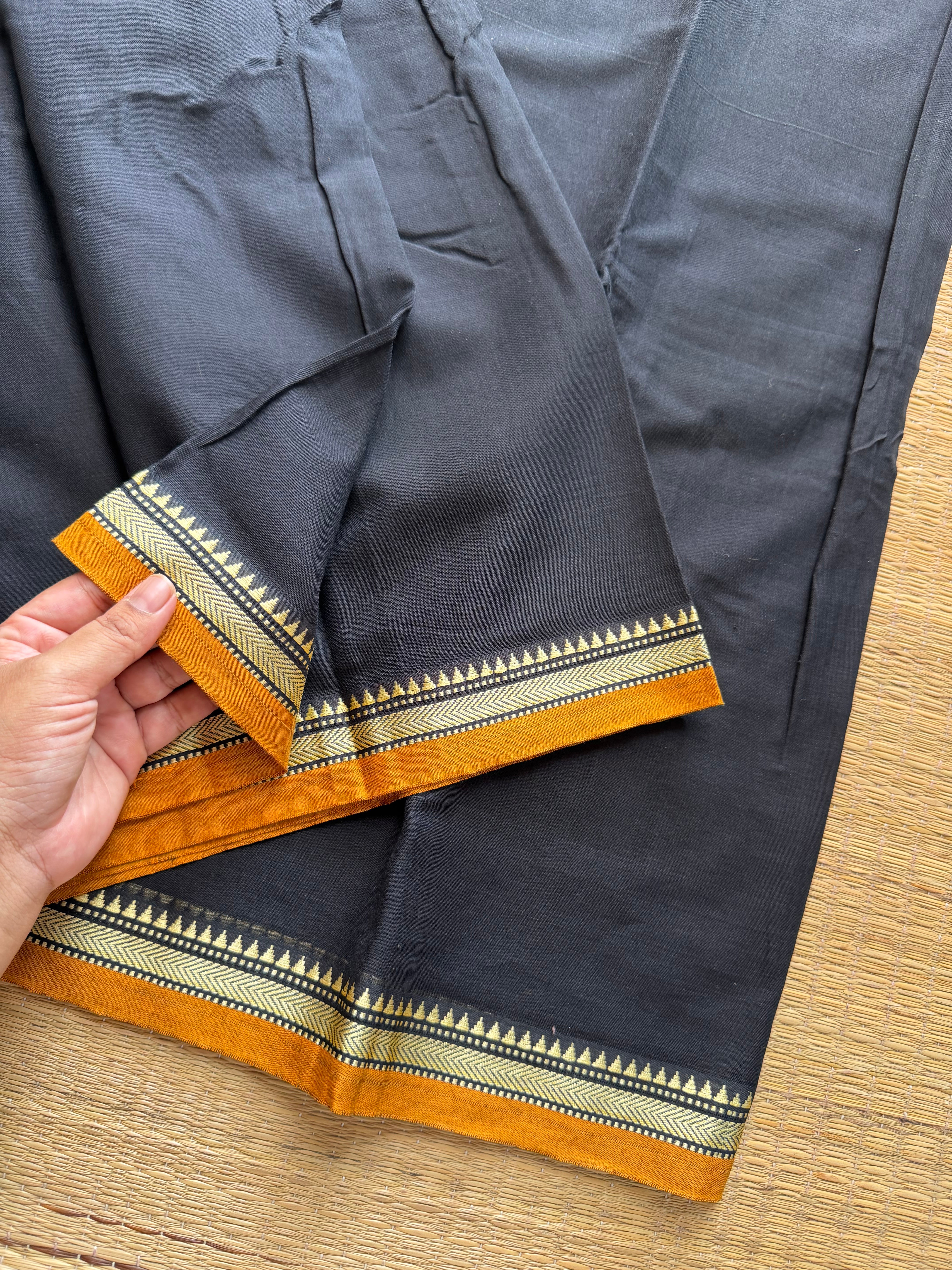 RF258 Black Narayanpet Mercerised Cotton Saree With contrast mustard yellow small thread border and contrast Pallu