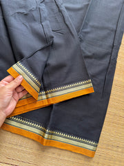 RF258 Black Narayanpet Mercerised Cotton Saree With contrast mustard yellow small thread border and contrast Pallu