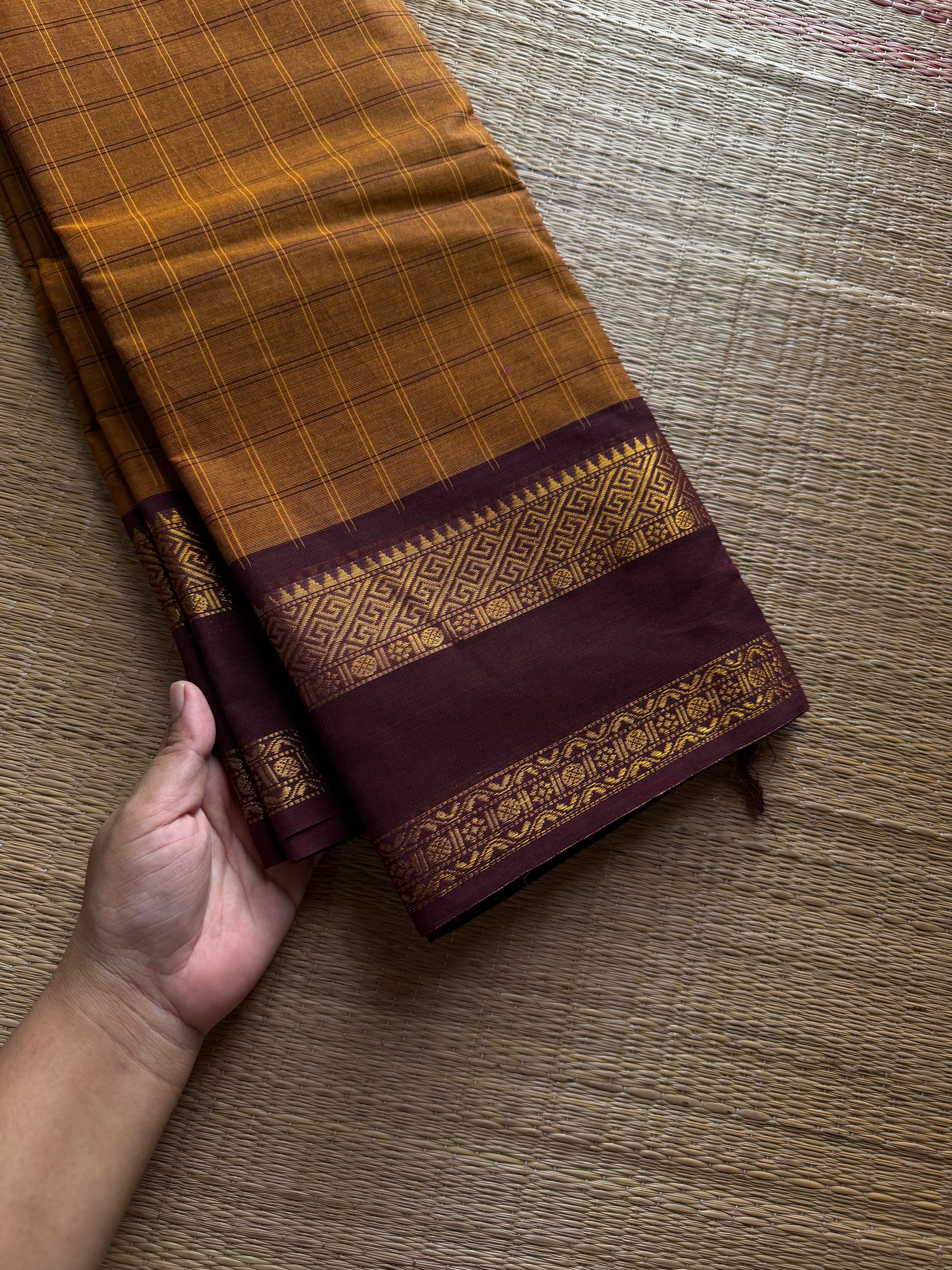 RF1401 Mustard with brown ~ Vintage Kattam Pattern Kanchi Cotton Saree