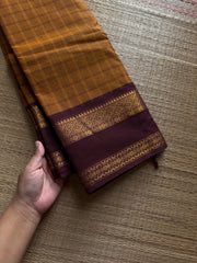 RF1401 Mustard with brown ~ Vintage Kattam Pattern Kanchi Cotton Saree