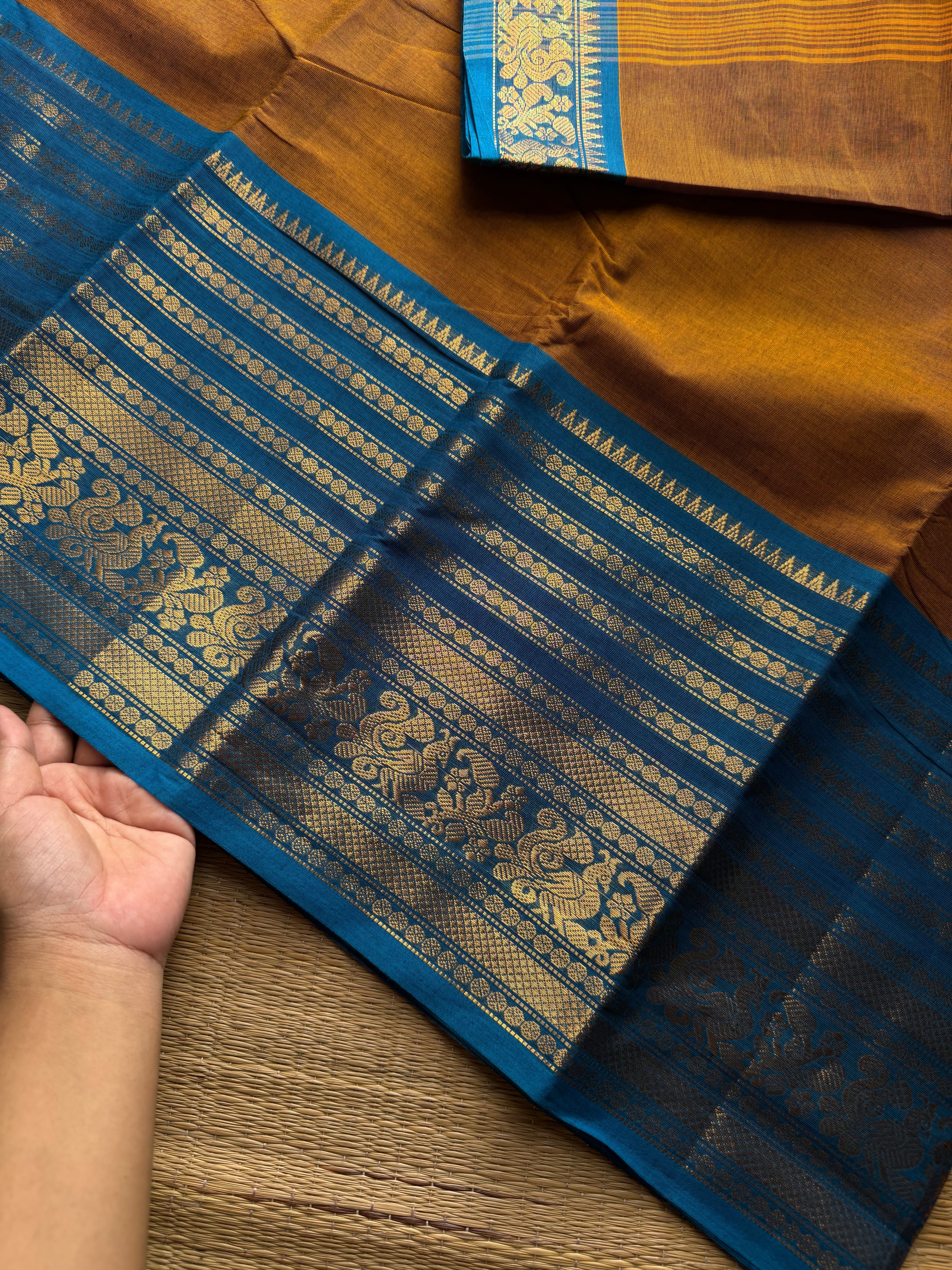 RF1039 Mutated with sky blue ~ Silk Saree Inspired Varisaipet big / long border Kanchi cotton saree