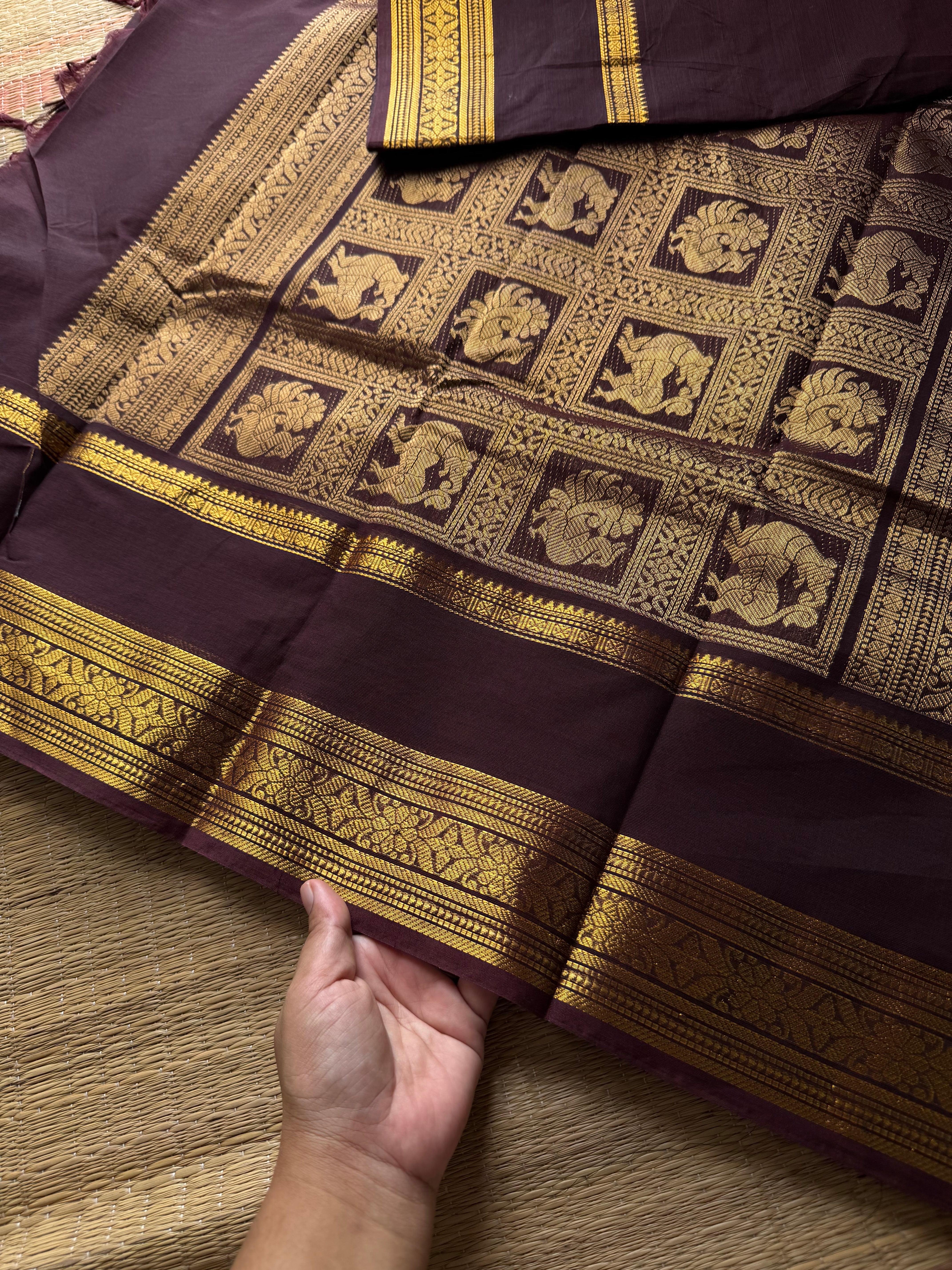 RF728 Premium Rich Pallu Kanchi Cotton Saree ~ Deep Coffee Brown with floral, Annam & Yazhi pattern Zari woven